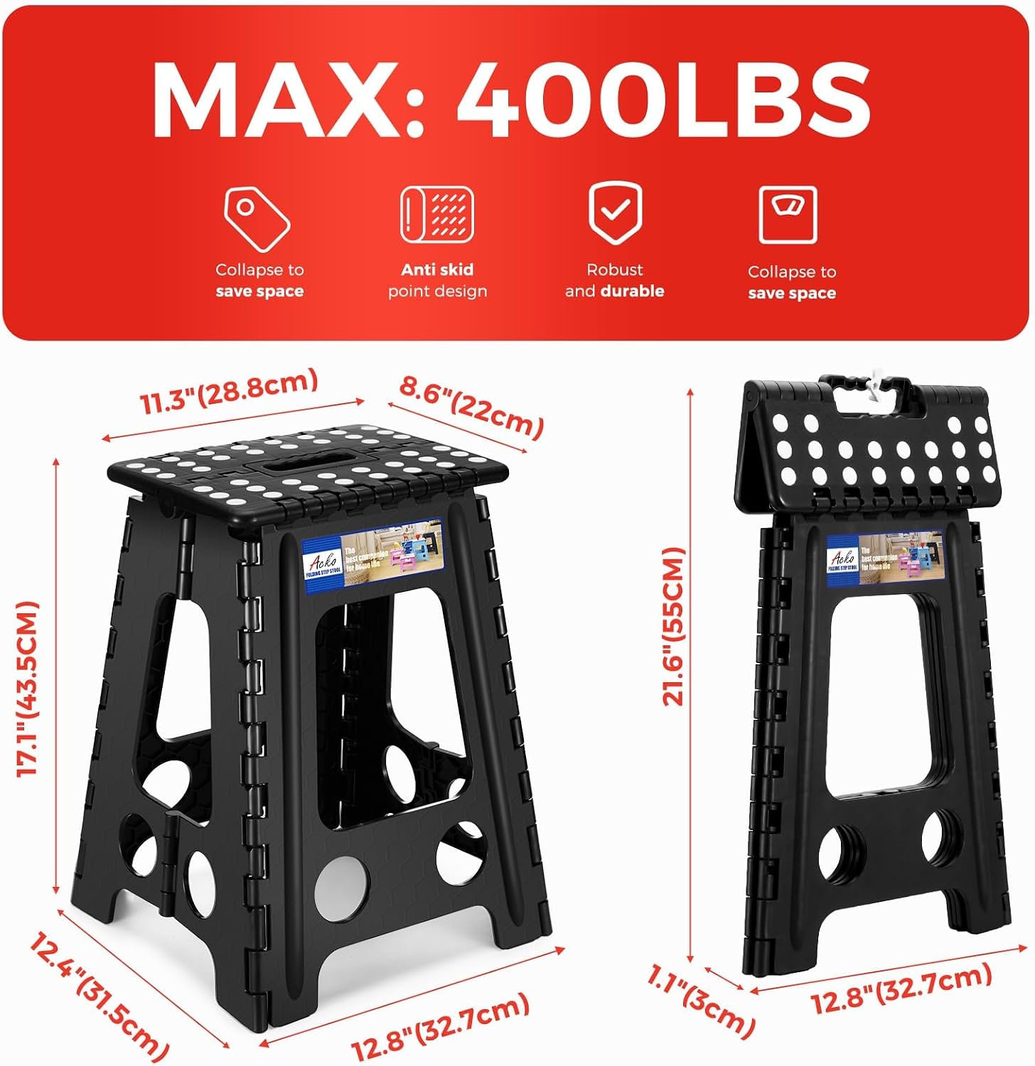 Detalle de ACKO VC0S2_60 Folding Step Stool, 17.5-Inch, Non-Slip, 400 lb