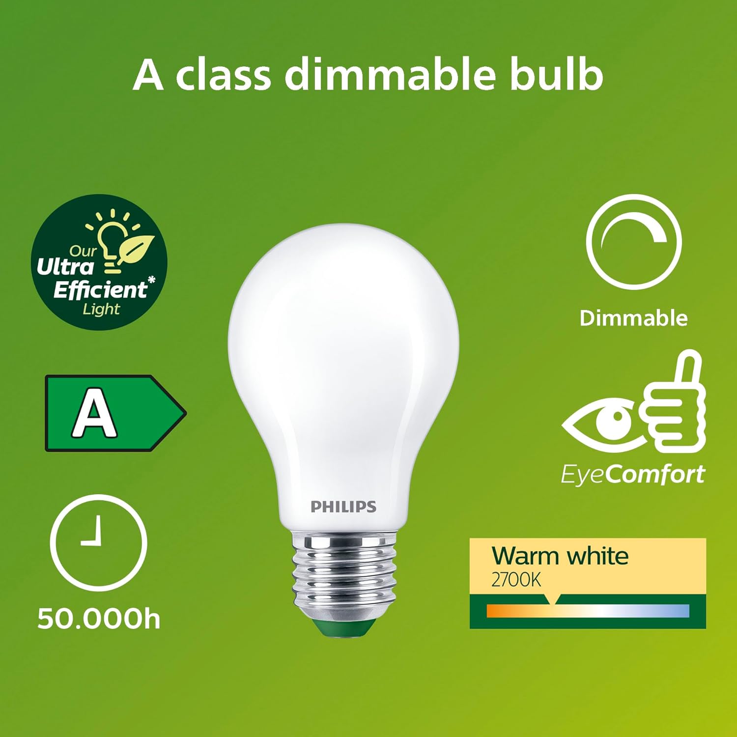 Detalle de Philips Classic UltraEfficient LED light bulb, 100W equivalent, E27, A60, 2700K frosted glass, dimmable