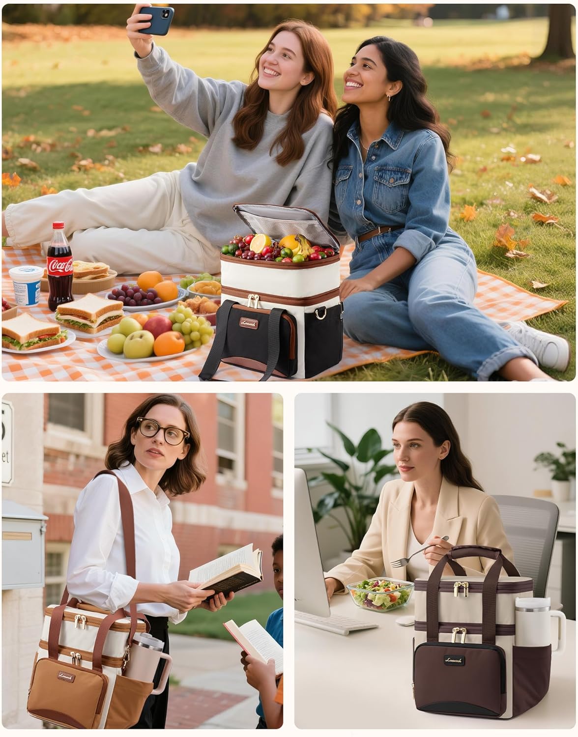 Thumbnail 5 de LOVEVOOK Insulated Lunch Bag for Women, 15L Large Double Deck Tote with Cup Holder