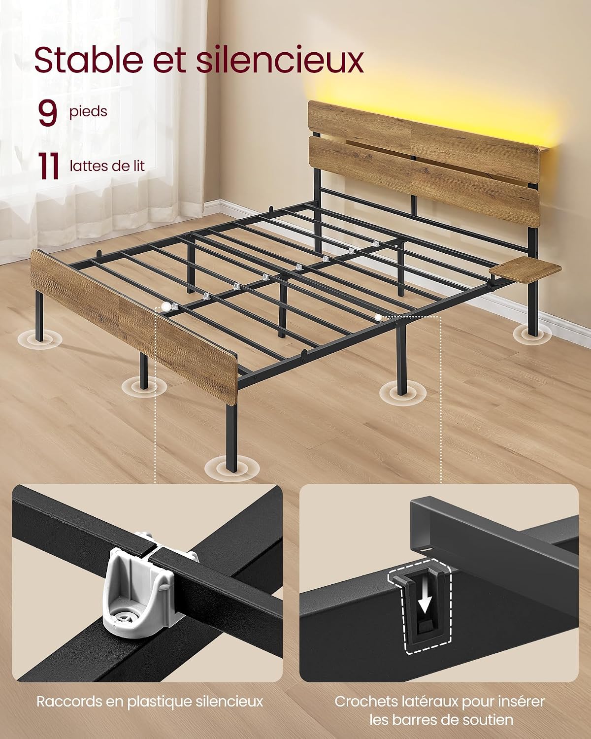 Detalle 1 de VASAGLE Cadre de lit 140 x 190 avec sommier métal RMB103K01