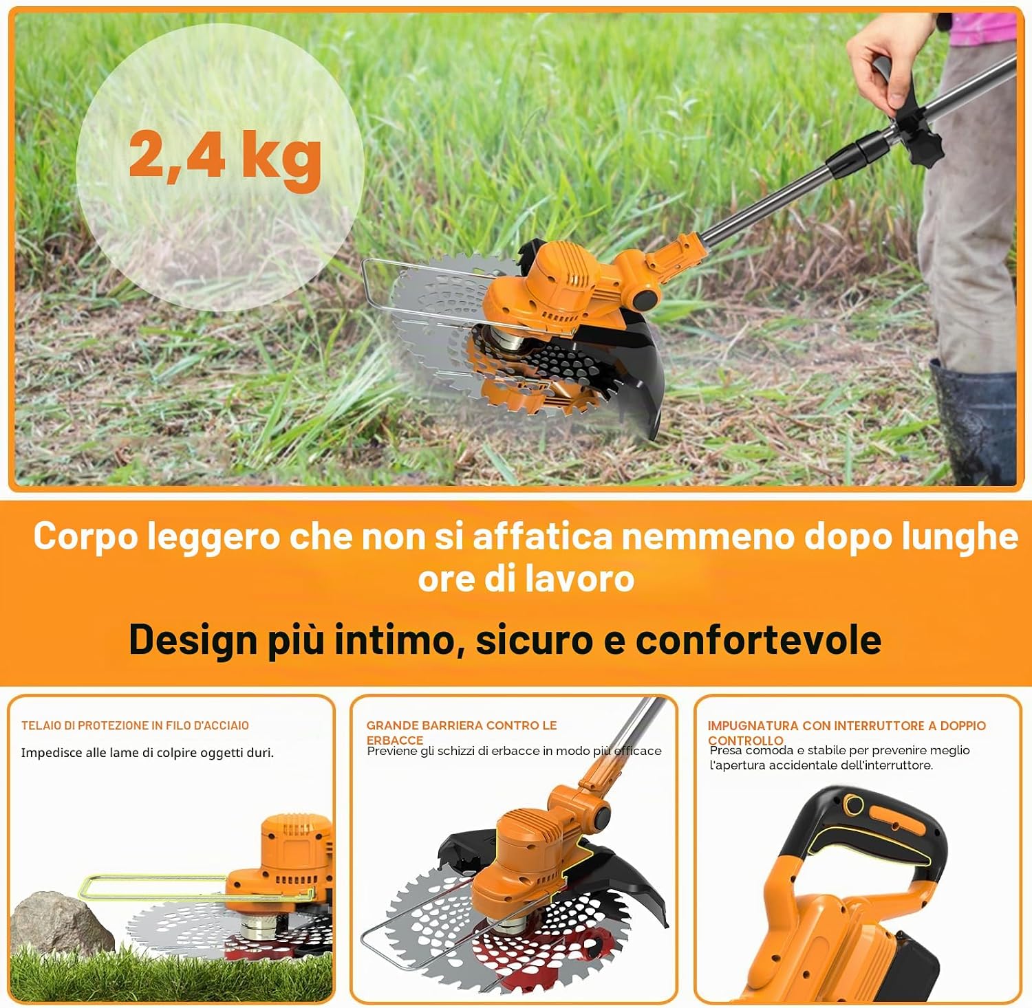 Detalle de Decespugliatore a batteria 2 batterie, tagliaerba 4 in 1 con testa girevole 0–90°, leggero e versatile per giardino