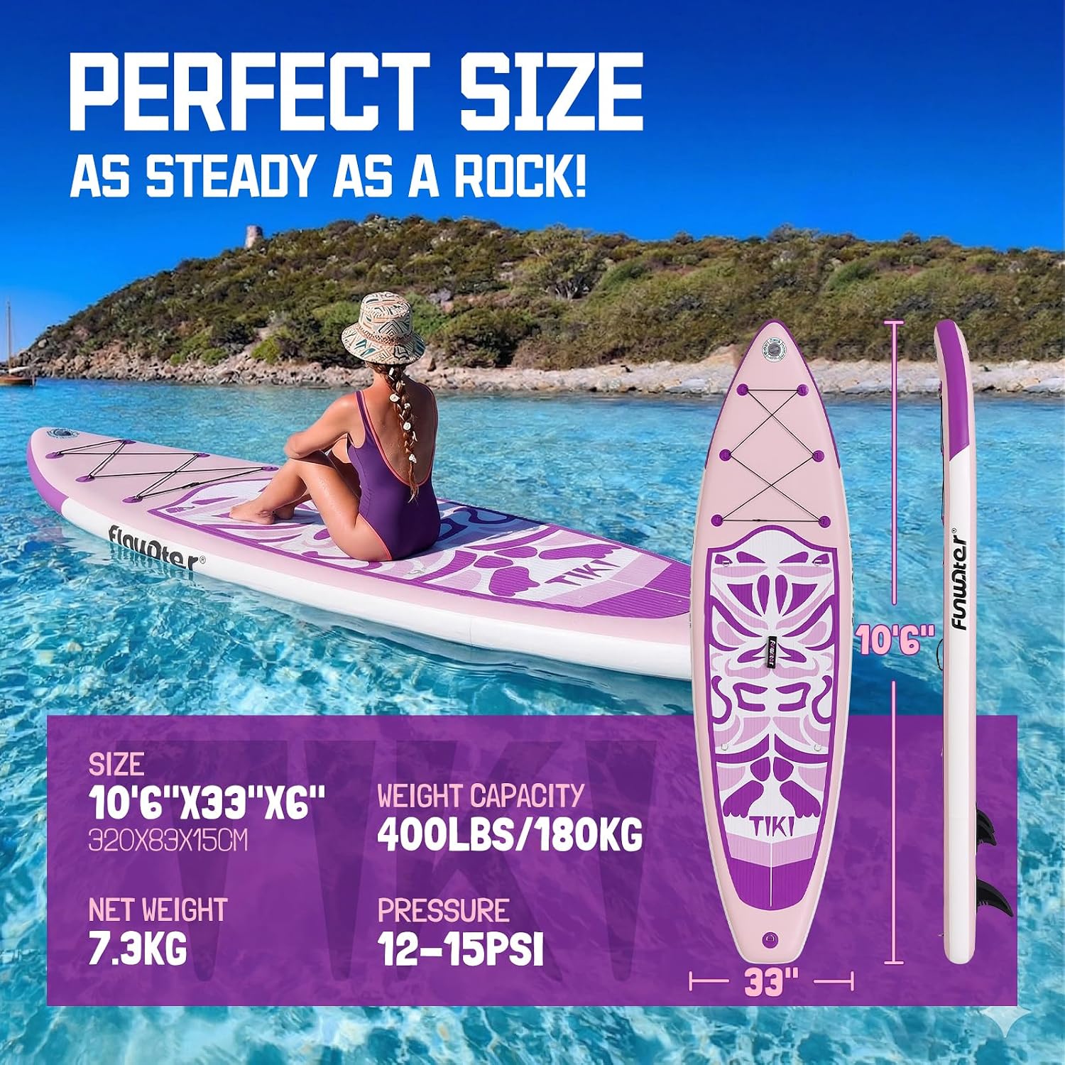 Detalle de FunWater TIKI Inflatable Stand Up Paddle Board (ISUP) – All-in-One Pack for Beginners and Enjoyable Paddling