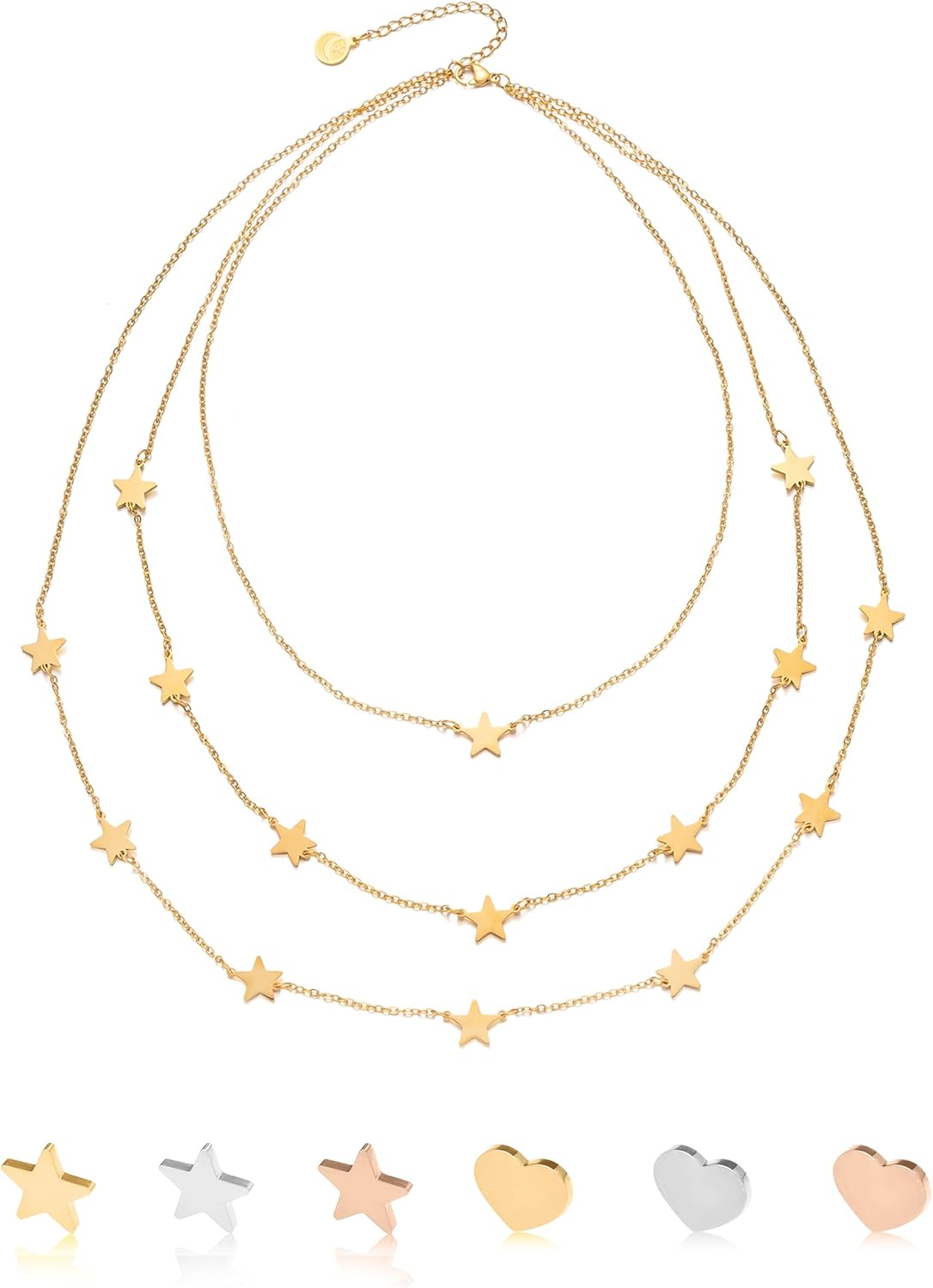 Detalle de inSCINTILLE Collier Femme Étoiles & Cœurs en Acier Inoxydable – Multi- rangs 1/2/3 fils