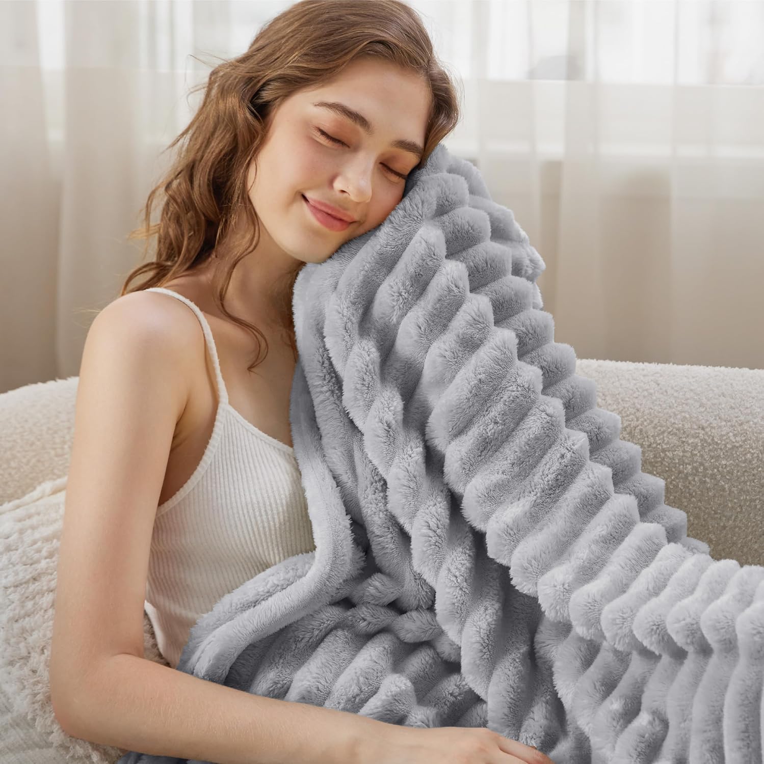 Detalle de BEDSURE Kuscheldecke für Zimmerdeko in Hellgrau, 130 x 170 cm
