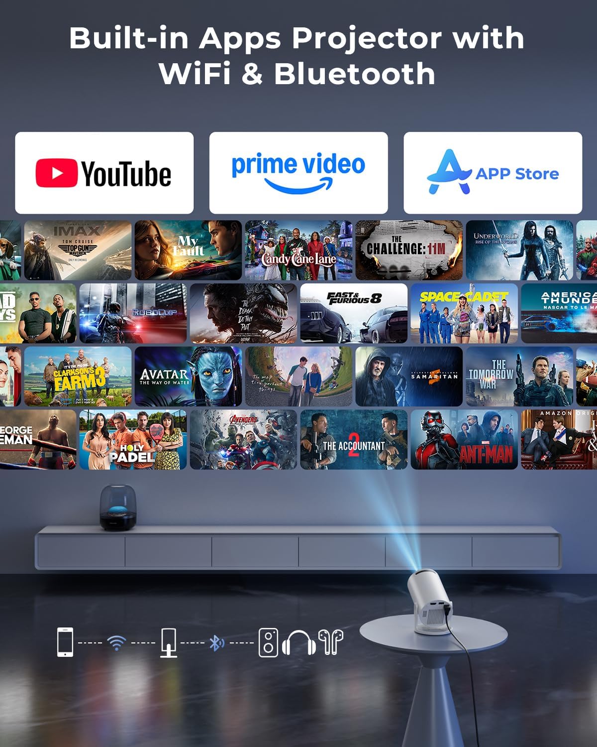 Thumbnail 2 de Mini Portable Projector with Wi‑Fi, Bluetooth, Built‑In Apps, 180° Rotation, Auto Keystone (Supports 4K/1080p)