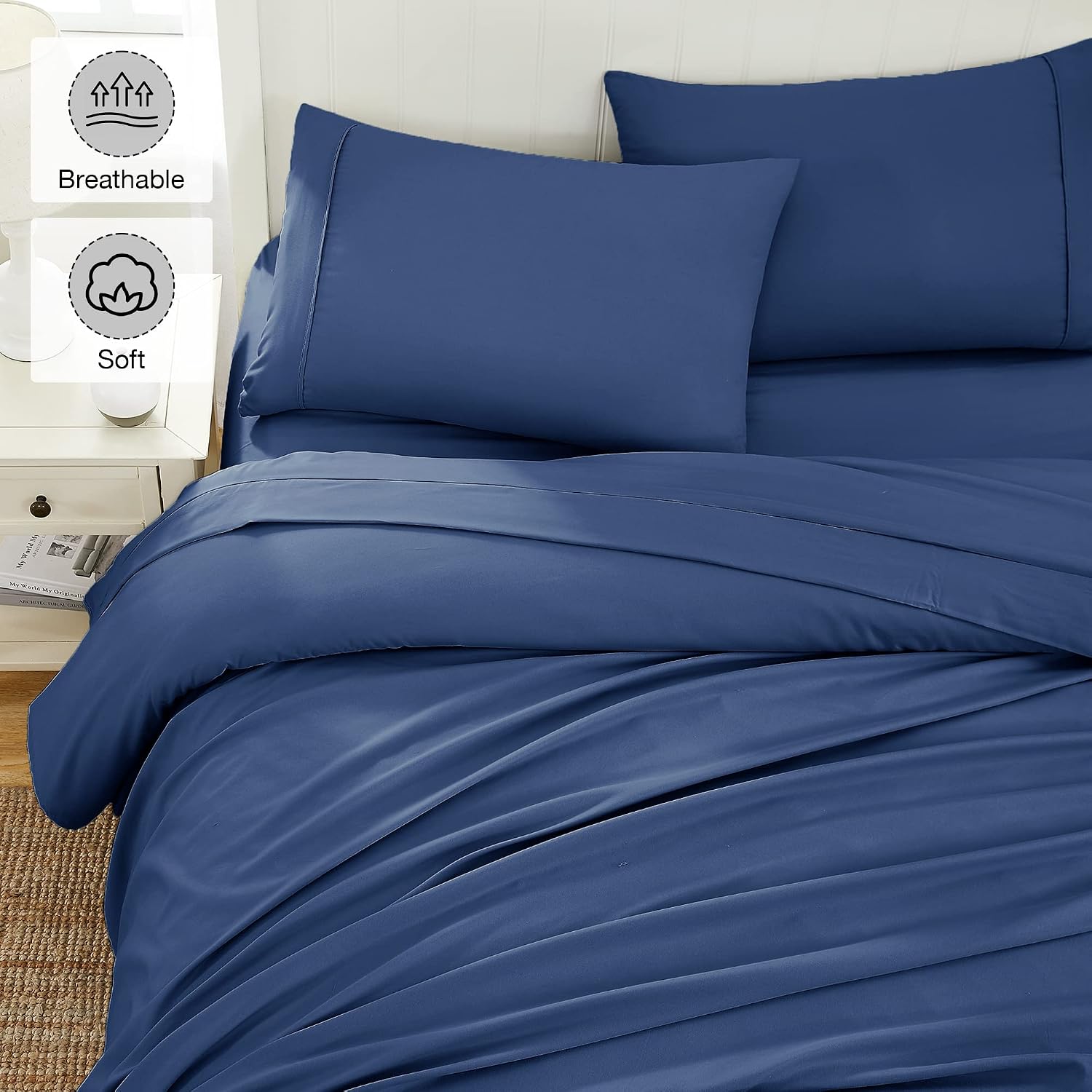 Detalle 1 de Softan MICSHTSETNAVYQ Queen Microfiber Sheet Set, Navy, 15-Inch Deep Pocket