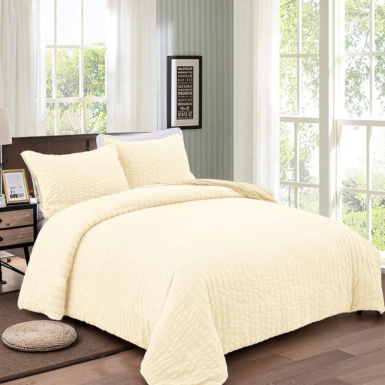 Thumbnail 1 de WONGS BEDDING Cream Yellow Seersucker Bedding Set (King) – Seersucker Duvet Cover with Zipper Closure