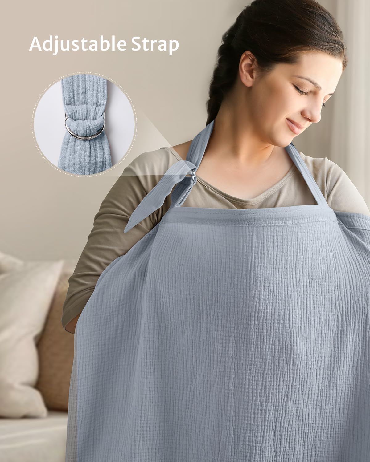 Detalle de Blissful Diary Muslin Nursing Cover: Breathable Arch-Neckline Feeding Apron in Light Blue