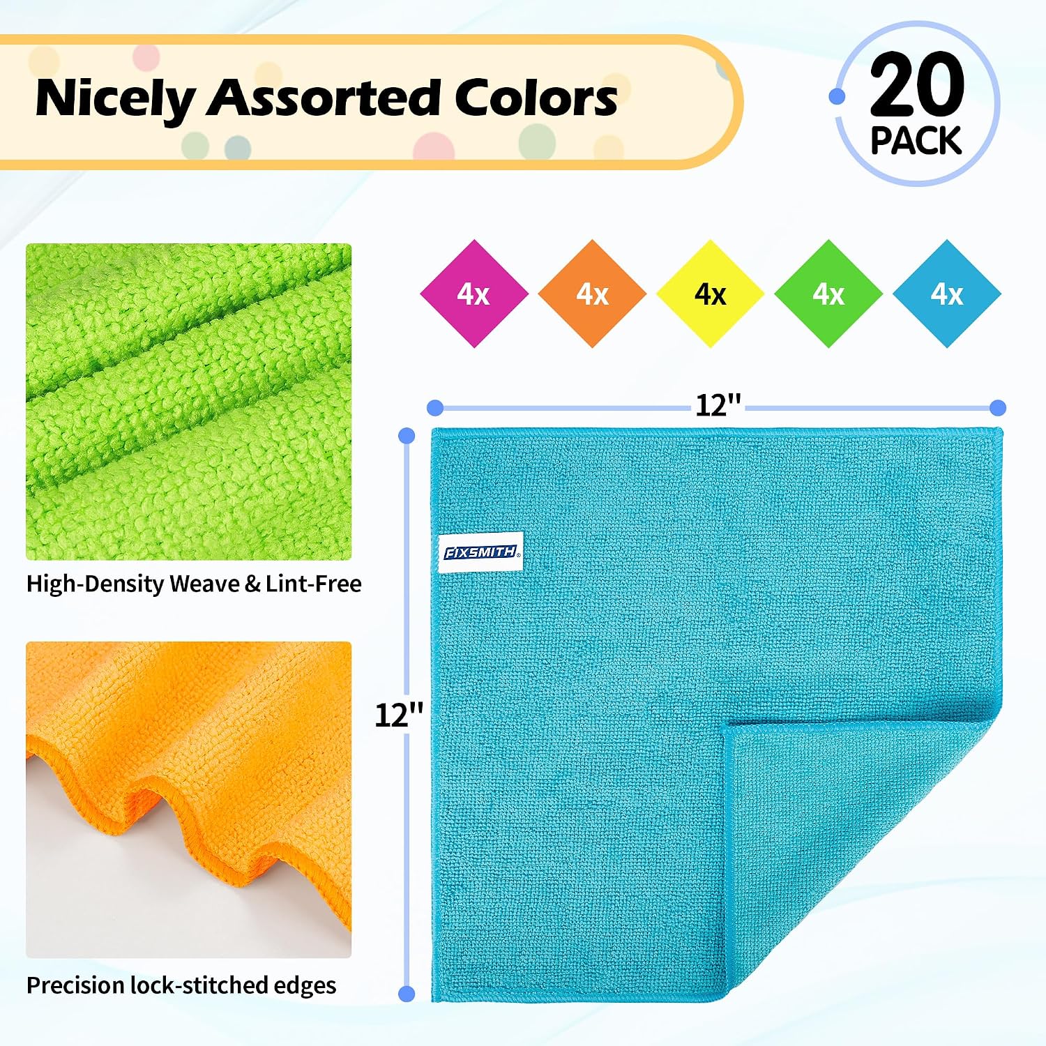 Detalle de FIXSMITH FM-JLC04-20PK Microfiber Cleaning Cloths, 20-Pack, 5 Colours