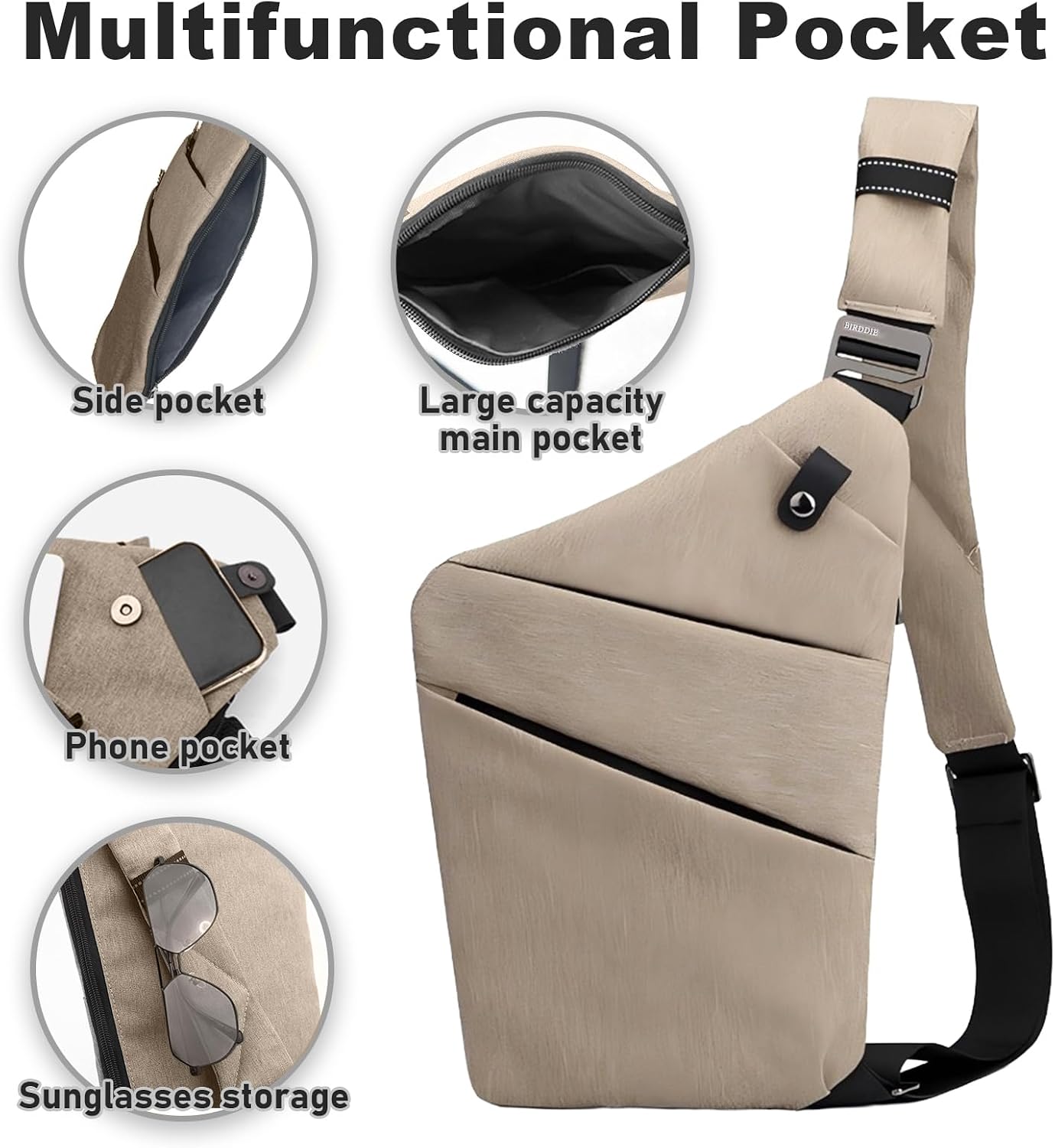 Detalle 2 de BIRDDIE Anti Theft Travel Bag: One Shoulder, Large Capacity Cross-Body Sling