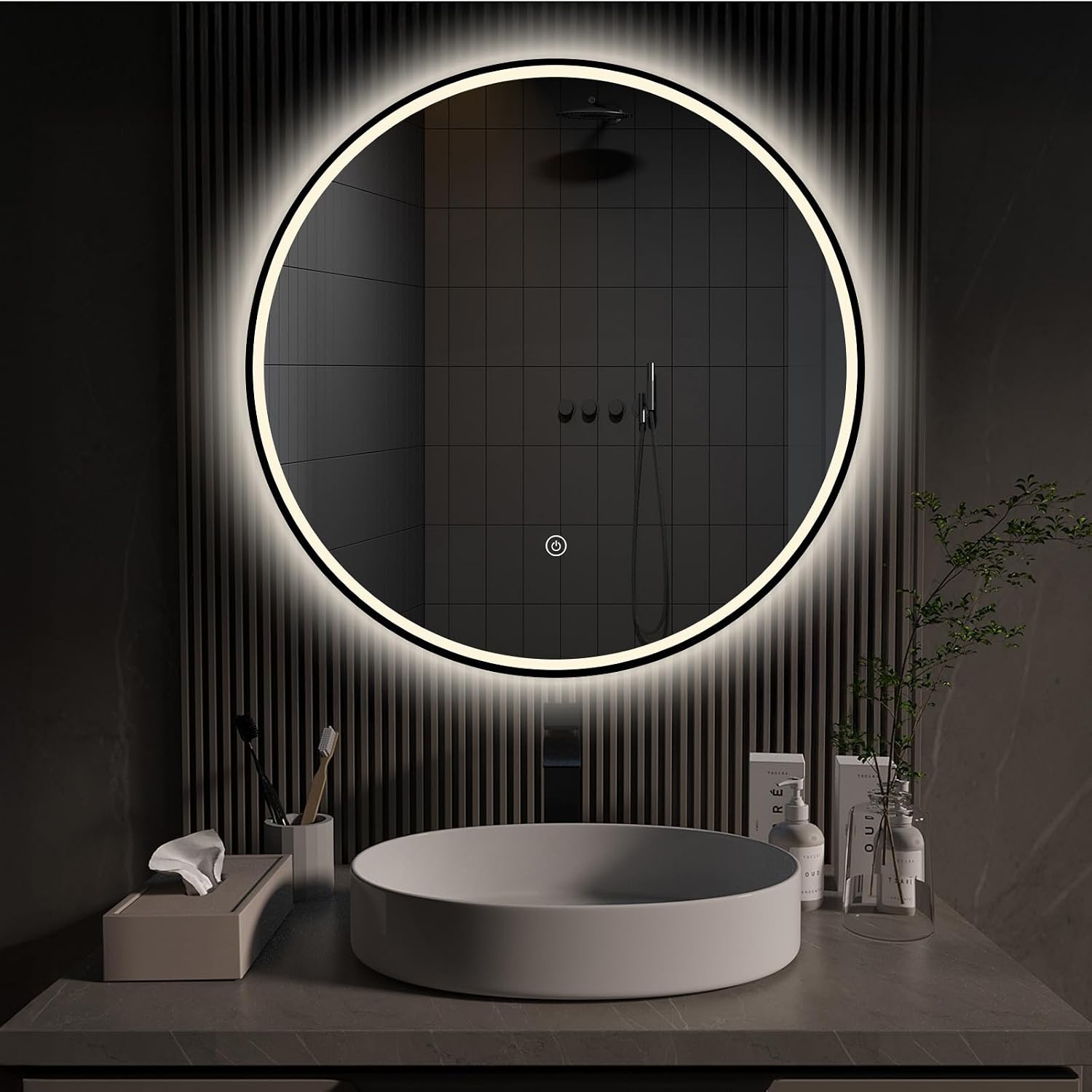 Detalle de ApeJoy Specchio da bagno rotondo 60 cm con illuminazione LED, cornice in metallo nera, memoria e IP44