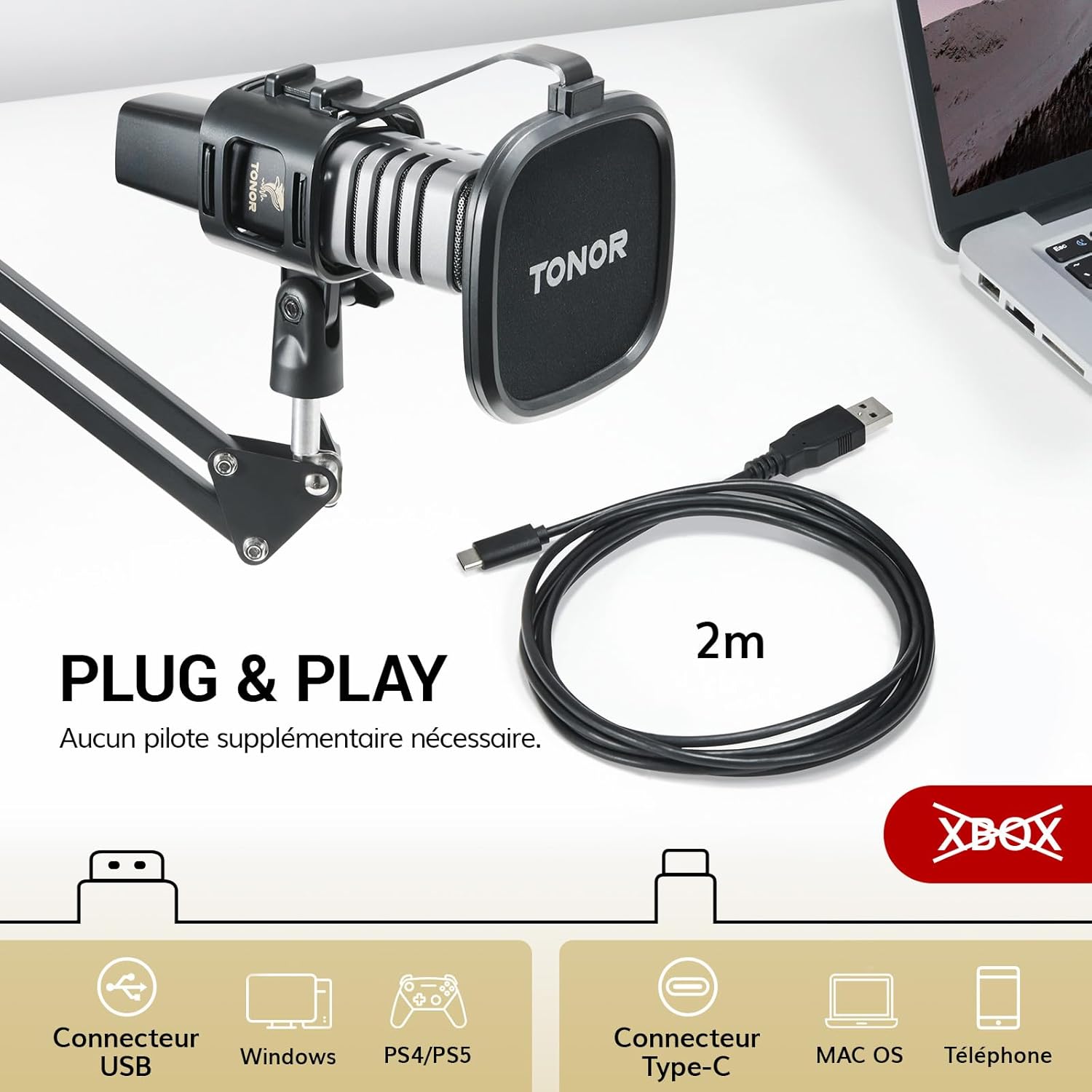 Detalle 2 de TONOR TC30+ micro PC USB à condensateur avec support de bras pour streaming, podcasts et voix off