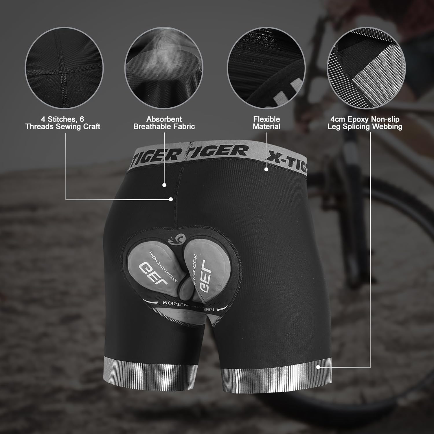 Detalle de X-TIGER Radunterhose Herren 5D Gepolsterte Radlerhose – rutschfest, atmungsaktiv und vielseitig einsetzbar