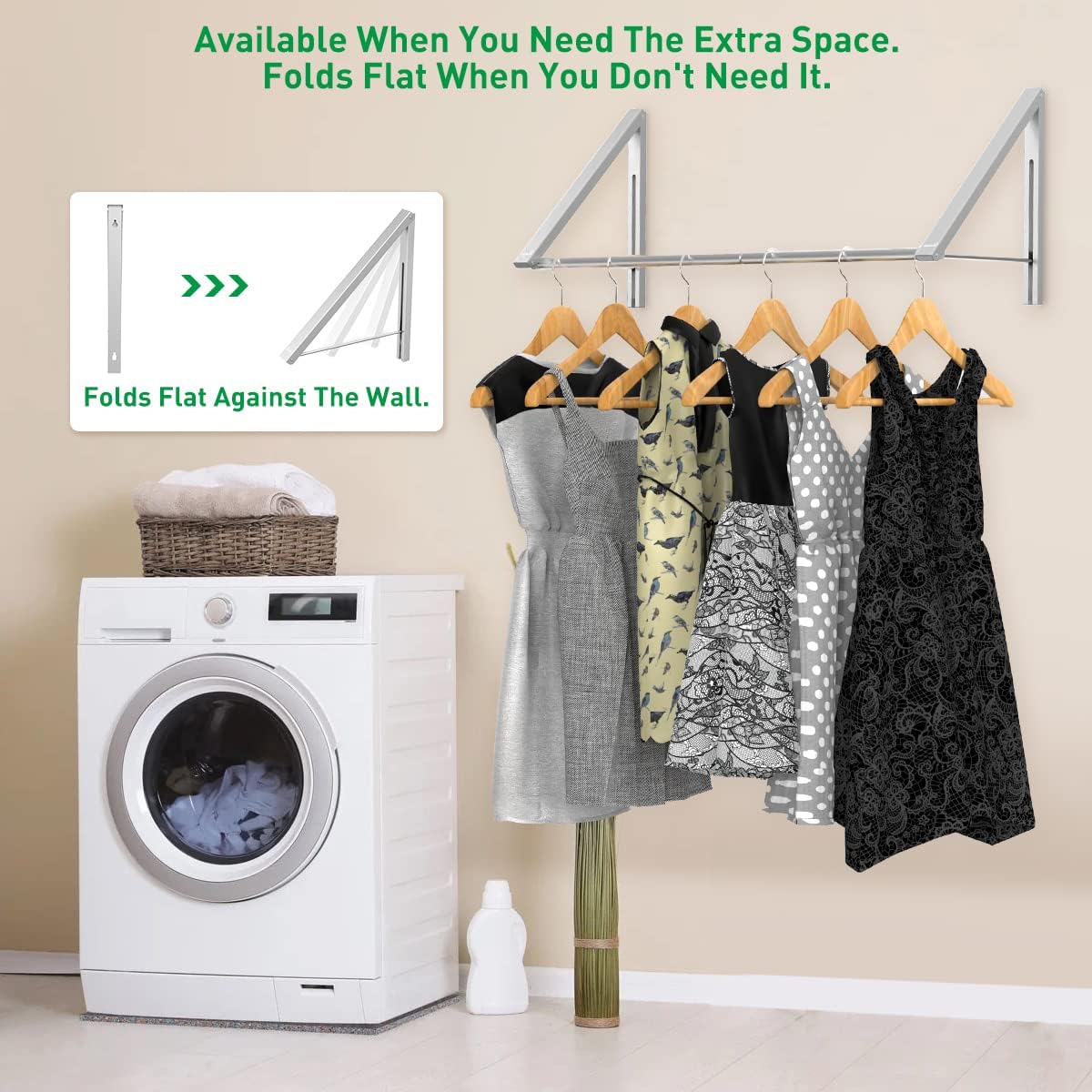 Thumbnail 3 de Anjuer Wall Mounted Laundry Drying Rack with Rod – Space-Saving Aluminum Clothes Hanger (2 Racks)