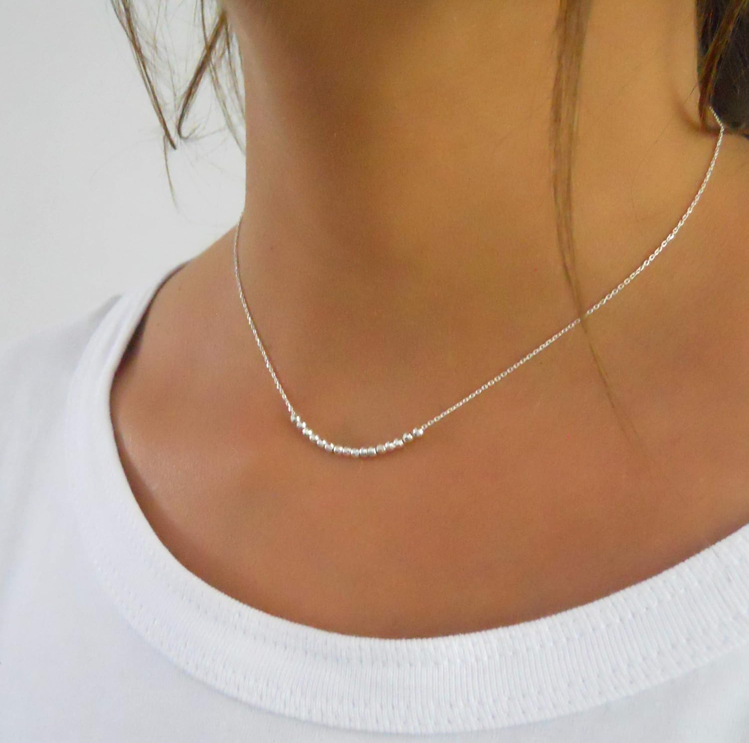 Thumbnail 1 de Annika Bella Silver Beaded Necklace for Women — Dainty 16 Faceted Beads Bar Pendant, Waterproof & Tarnish-Resistant, 15" + 2" Extender