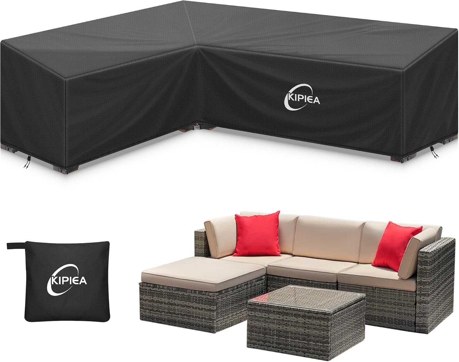 Detalle de Kipiea 58" x 85" L-Shaped Patio Furniture Cover, 600D Waterproof Oxford