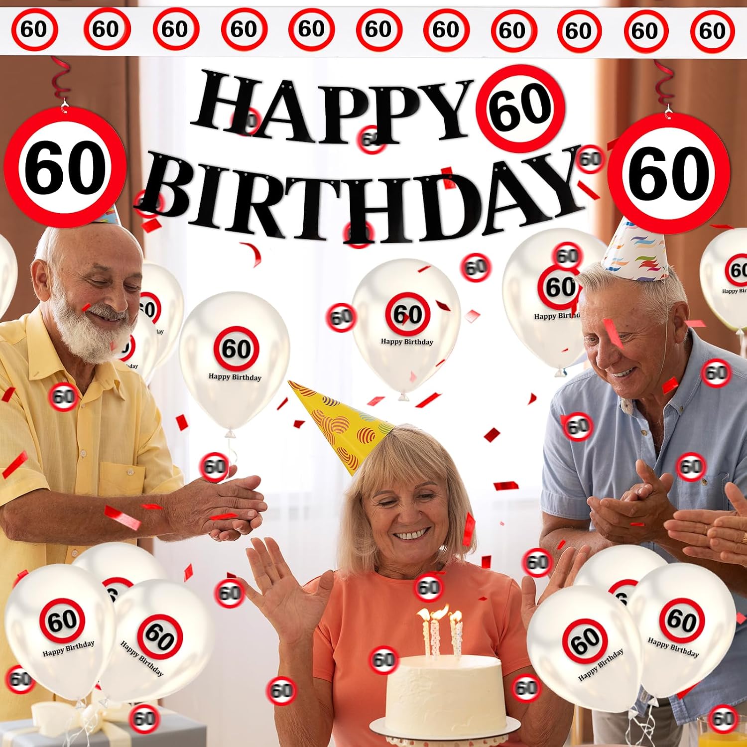 Detalle de WenmthG 60. Geburtstag Deko-Set mit Verkehrsschild, Girlande, Ballons, Konfetti und Luftschlangen