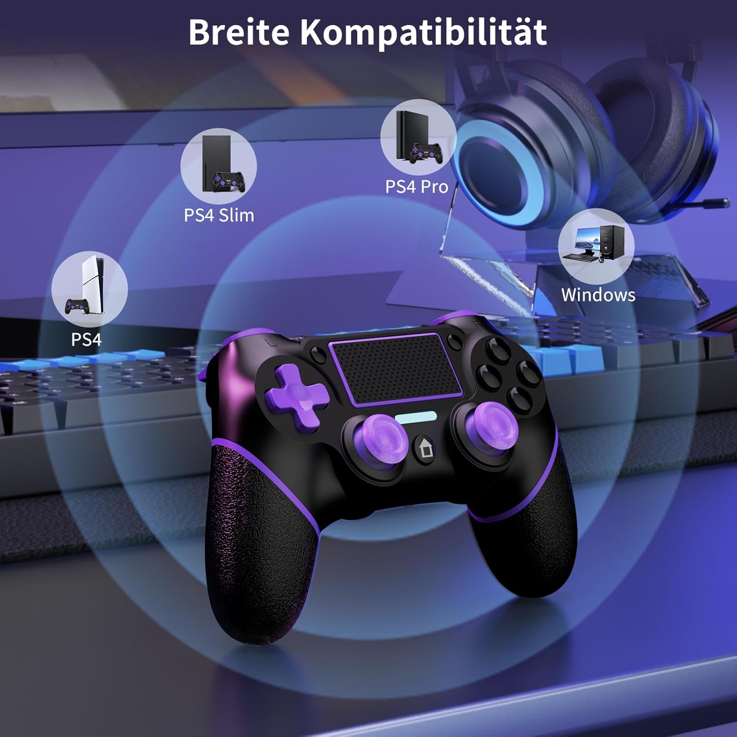 Thumbnail 2 de Reddening PS4 Controller für 2 Stück: kabellose Gamepads für PS4/Pro/Slim und PC mit Turbo, Dual-Vibration & 6-Achsen-Gyro