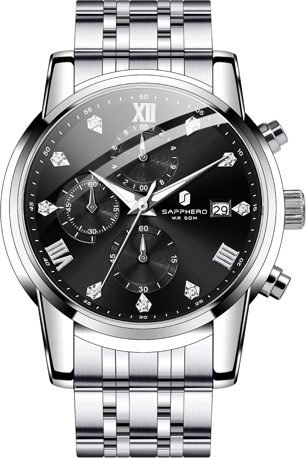 Detalle de SAPPHERO Herrenarmbanduhr Edelstahl, 50M wasserdicht, Chronograph, Datumsanzeige – stilvolle Quarz-Uhr