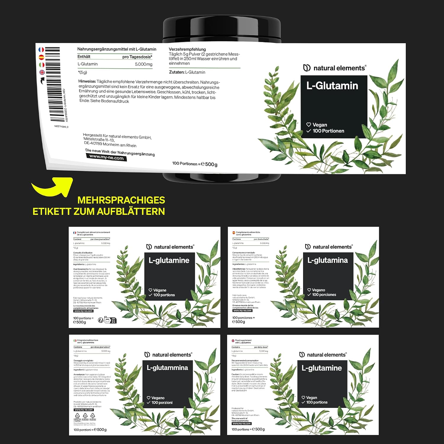 Thumbnail 5 de natural elements L-Glutamin Pulver – 500 g – hochdosiert