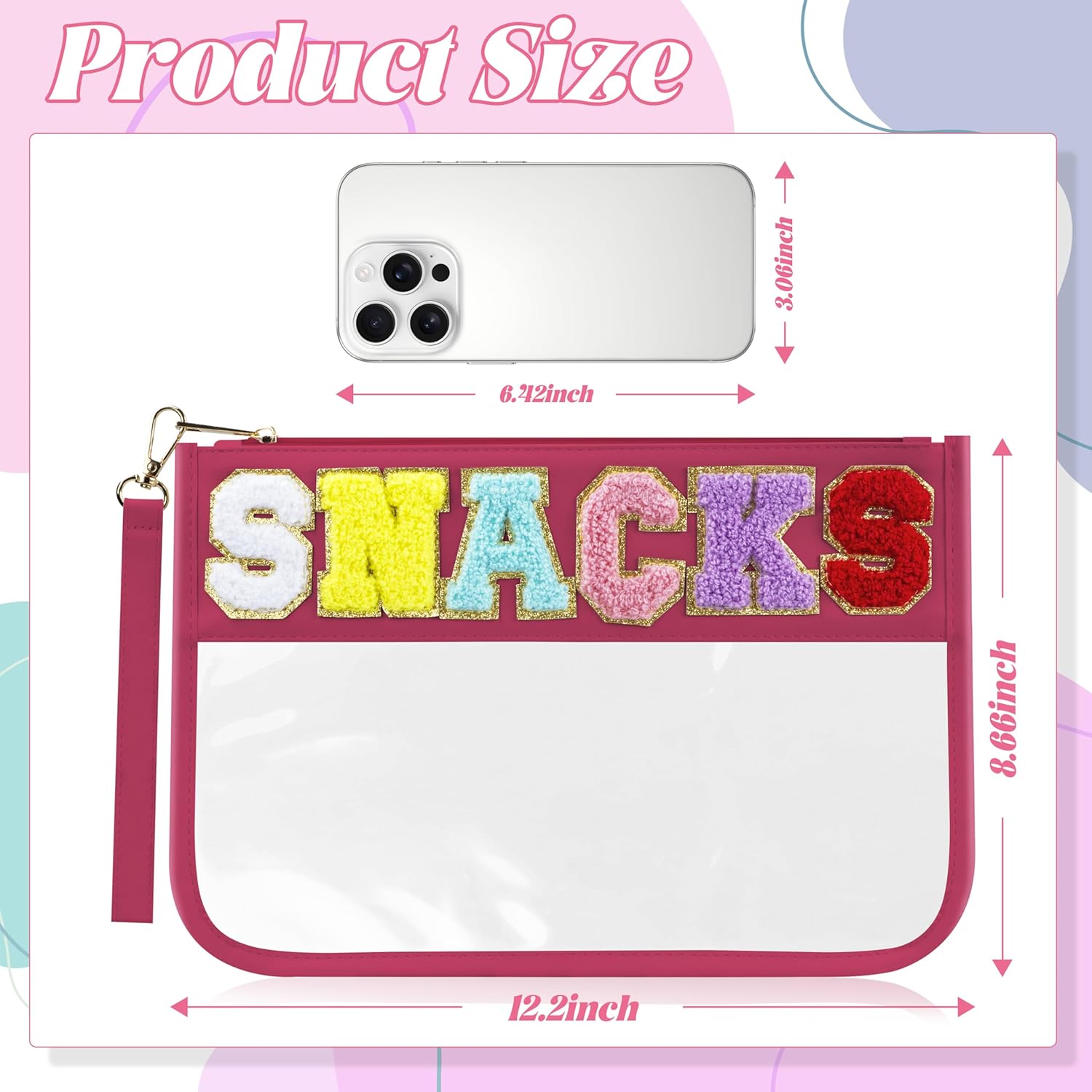 Thumbnail 1 de Buycard Snack Bag for Travel with Chenille Letter Patch – Preppy, Waterproof Tote for Women & Girls (Rose Red)