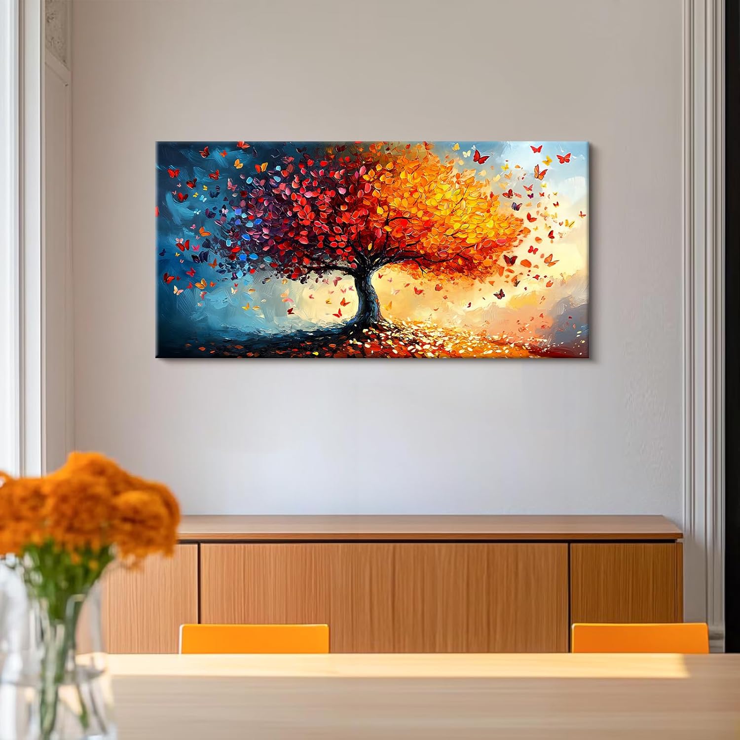 Thumbnail 3 de FajerminArt Orange Rot Baum des Lebens Groß (100×50 cm) mit Rahmen – Leinwandbild zum Aufhängen