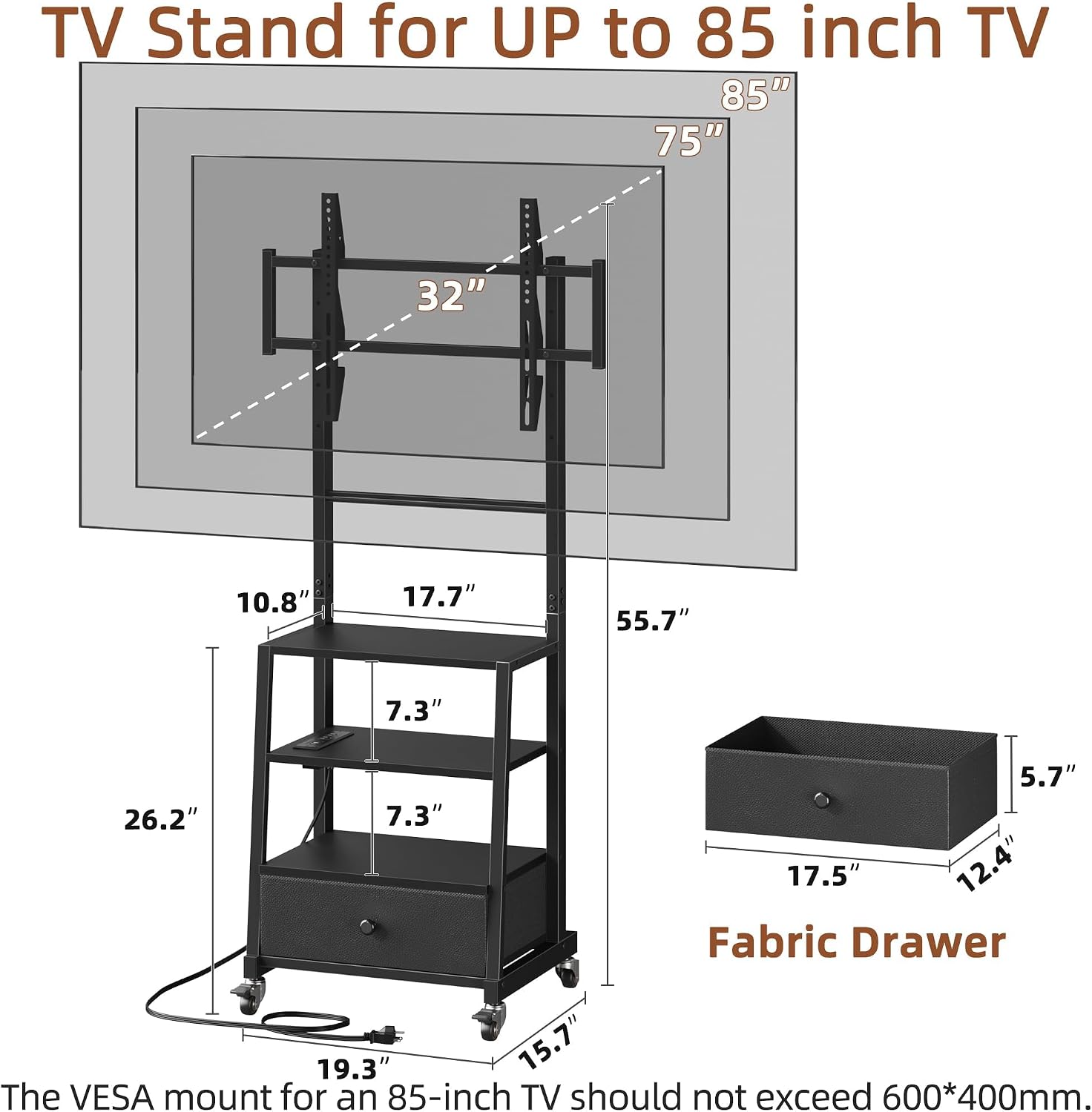Thumbnail 5 de AFLUI TVS022-BK Rolling TV Stand with Wheels, Metal Mount and Fabric Drawer