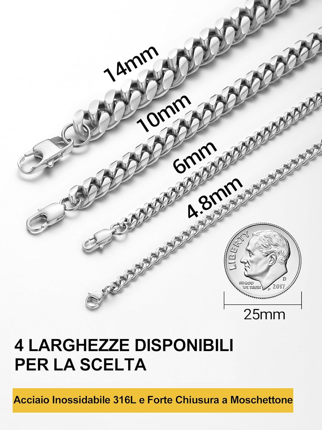Thumbnail 2 de PROSTEEL Bracciale da uomo in acciaio inox placcato oro con catena a maglie e doppio anello (lunghezze 16/19/21 cm)