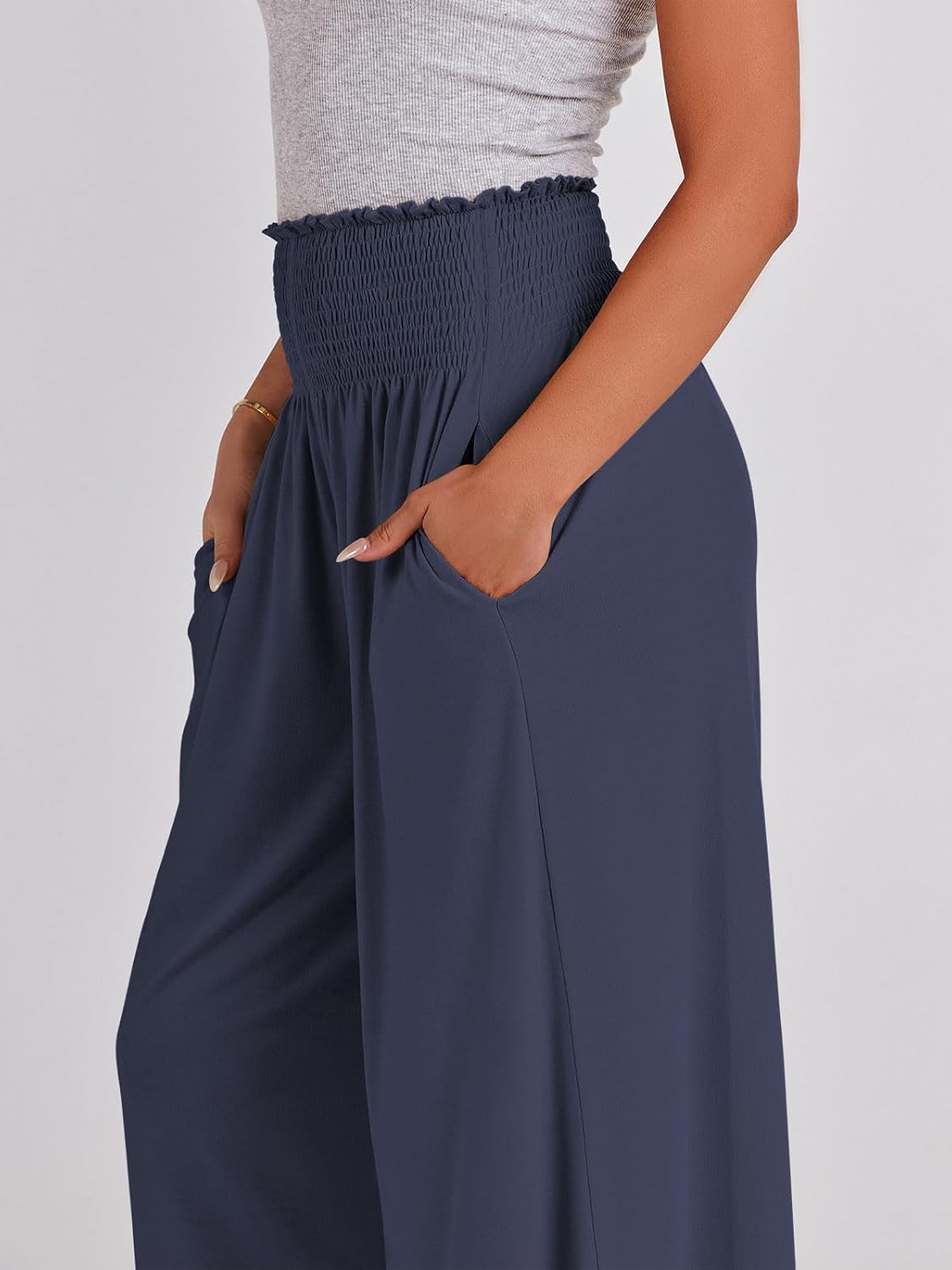 Thumbnail 6 de ANRABESS Women Palazzo Pants: Smocked High-Waist, Wide-Leg Lounge Pant with Pockets