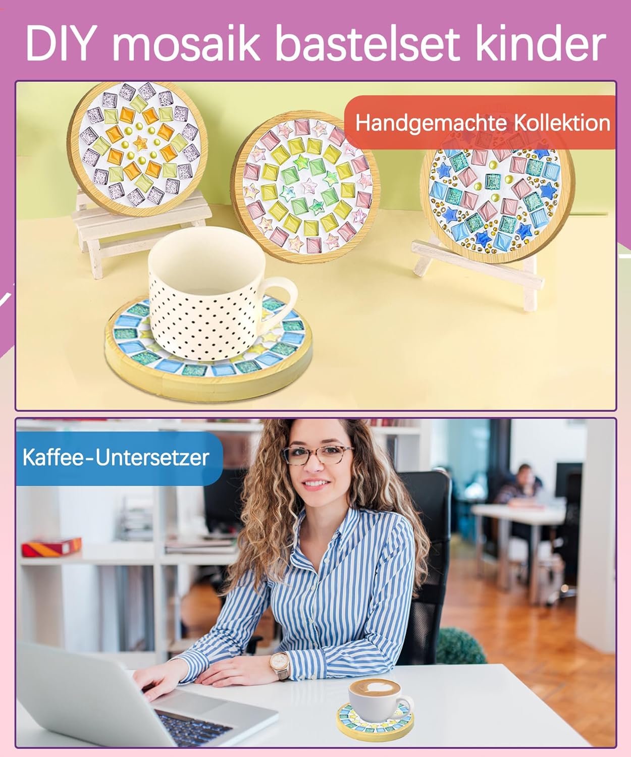 Detalle 2 de Finsink Mosaik Bastelset für Kinder – 4er Untersetzer-Set aus Holz mit Glas-Mosaiksteinen