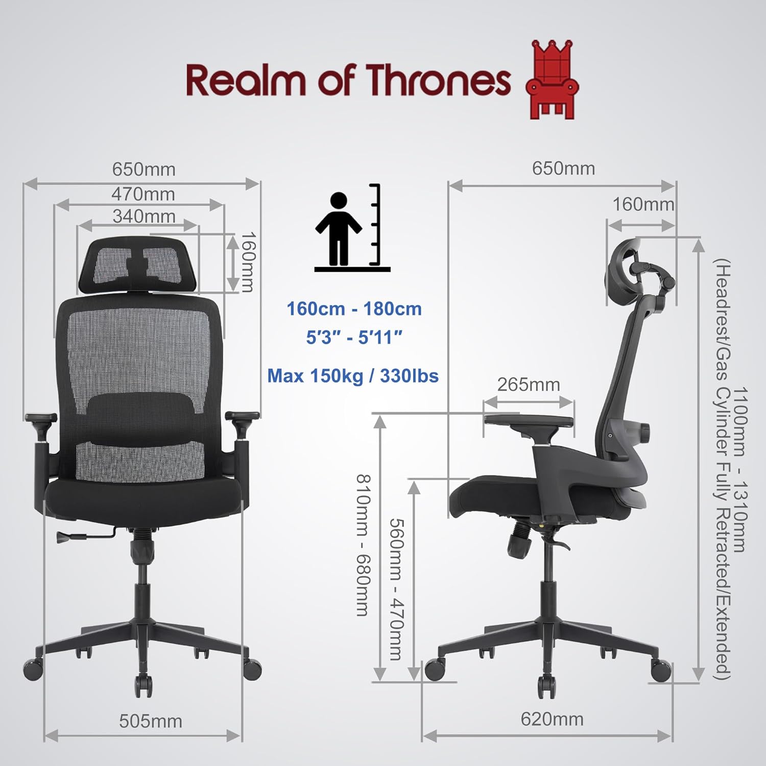 Thumbnail 2 de Realm of Thrones AVALON Ergonomic Office Chair with 3D headrest, adjustable lumbar support and mesh back (Black)