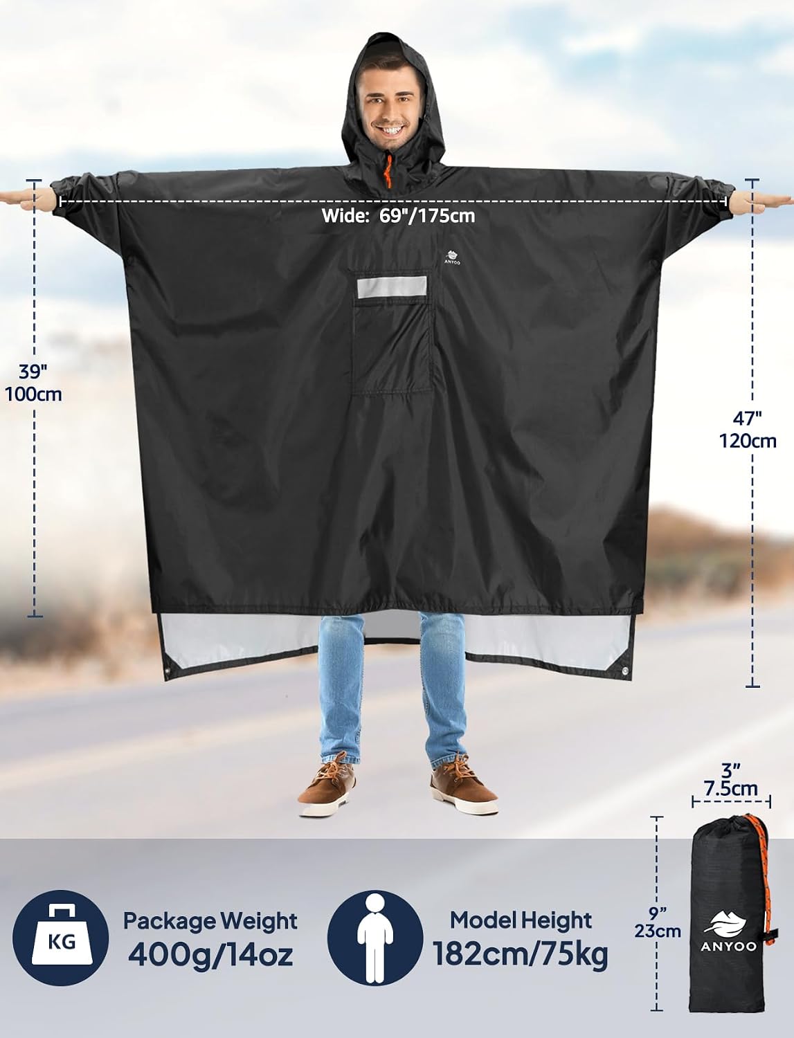 Detalle de ANYOO Leichter wasserdichter Regenponcho mit Kapuze, Ripstop & Reflektoren – Einheitsgröße