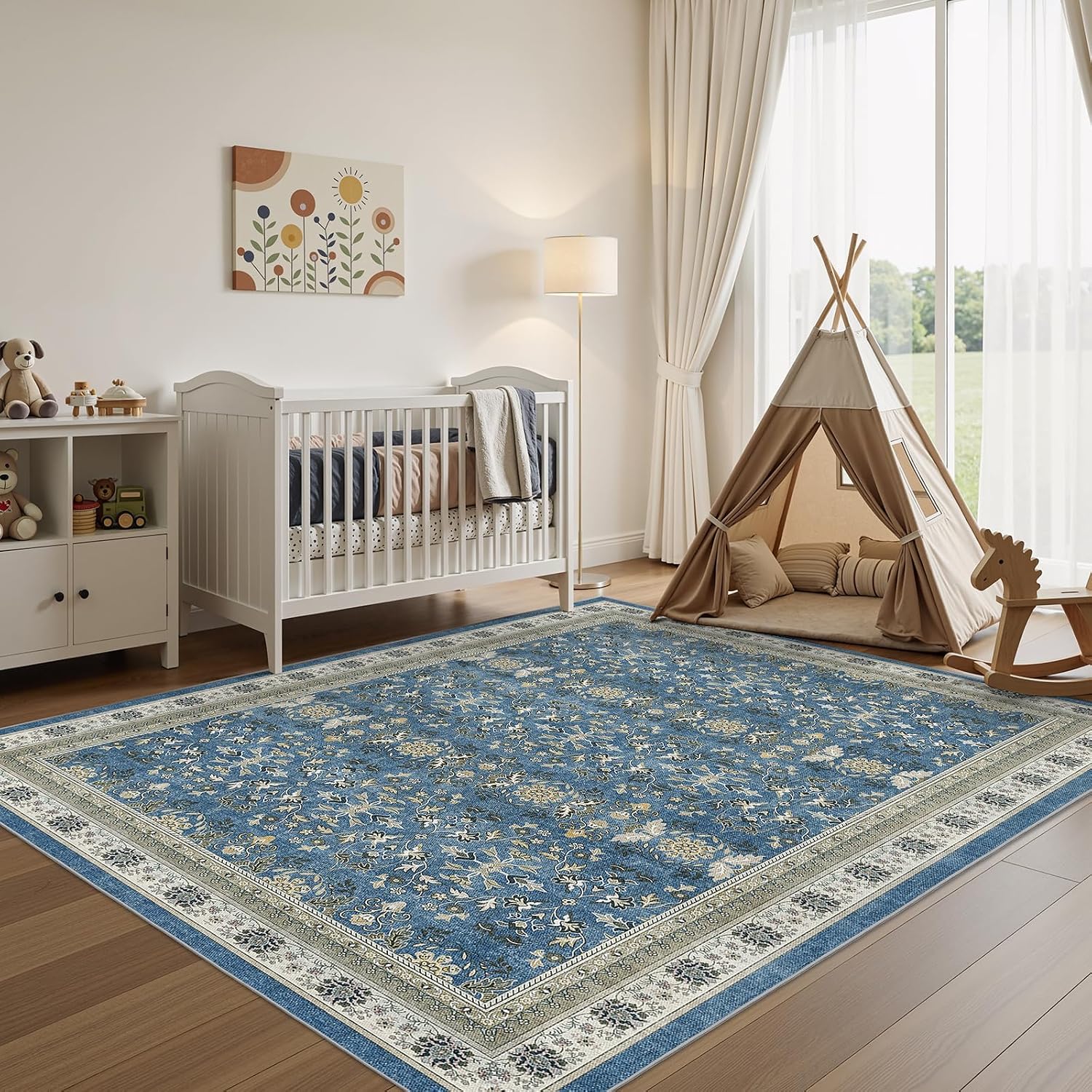 Detalle 2 de WITSHOCK 10' x 12' Washable Blue Vintage Area Rug, Low-Pile and Non-Slip