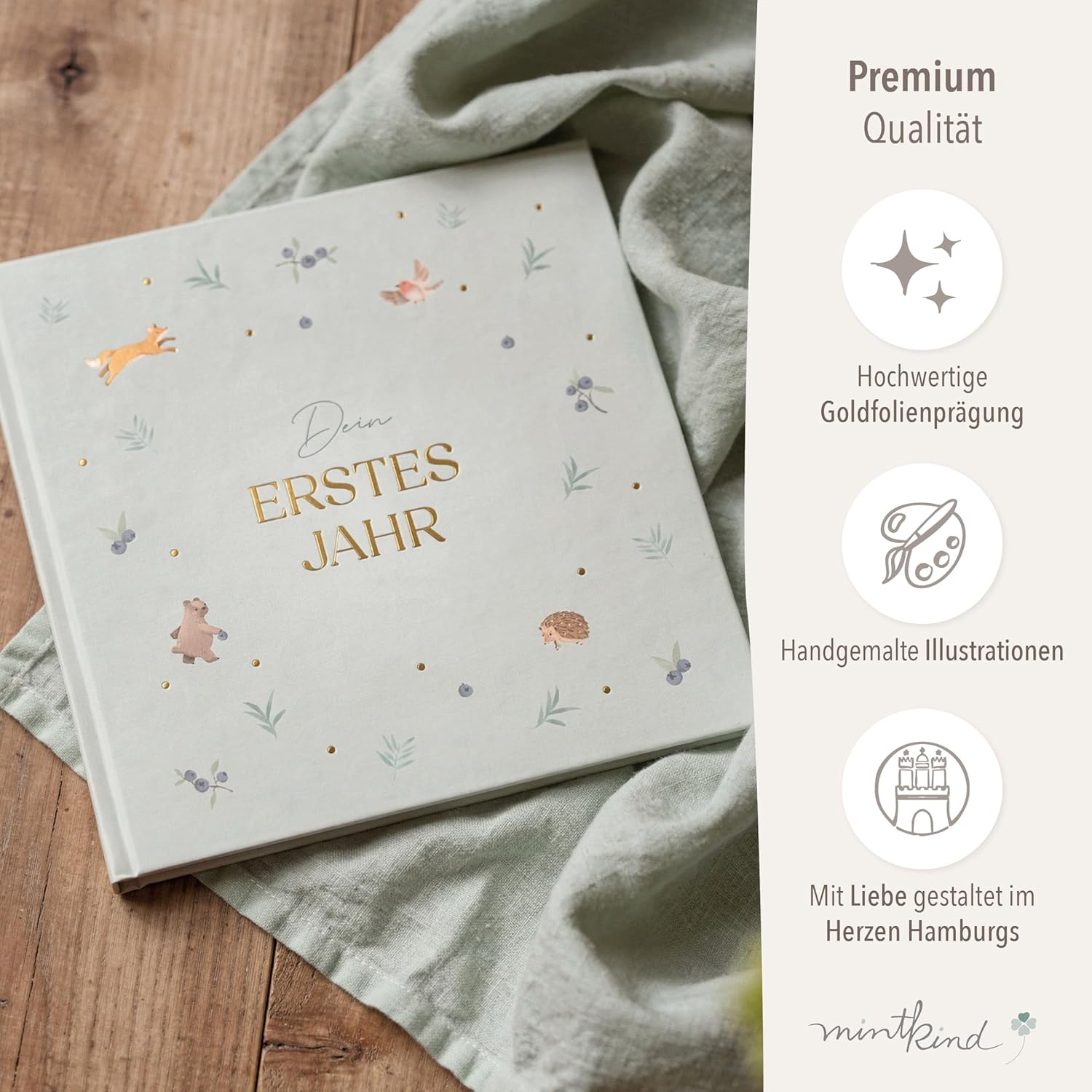 Thumbnail 5 de mintkind Mein erstes Jahr Babyalbum Pattern Salbei – sanftes Babytagebuch, 176 Seiten + Sticker-Set im liebevollen Hardcover