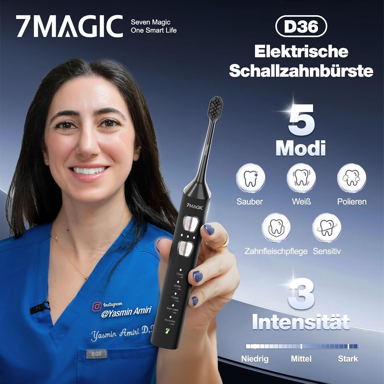 Detalle 2 de 7MAGIC Elektrische Zahnbürste – Schallzahnbürste mit 3 Intensitäten, 5 Modi und langer Akkulaufzeit