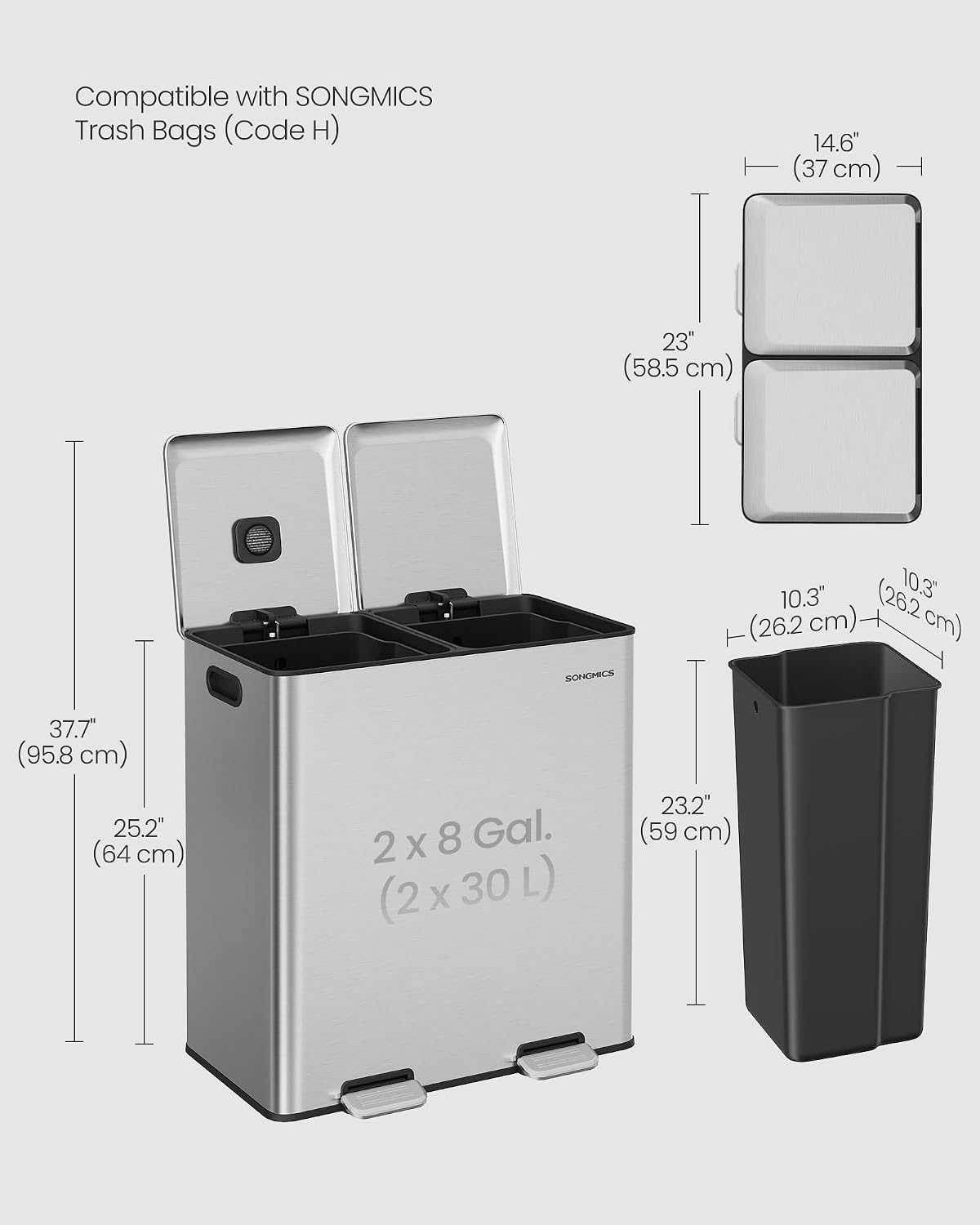 Thumbnail 5 de SONGMICS ULTB743E01 Double Trash Can, 2 x 8-Gallon, Stainless Steel