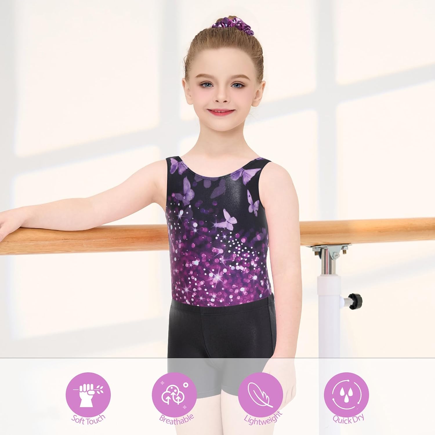 Detalle de JiAmy Girls’ Sparkly Sleeveless Gymnastics Leotard and Shorts Set, Ages 3–12