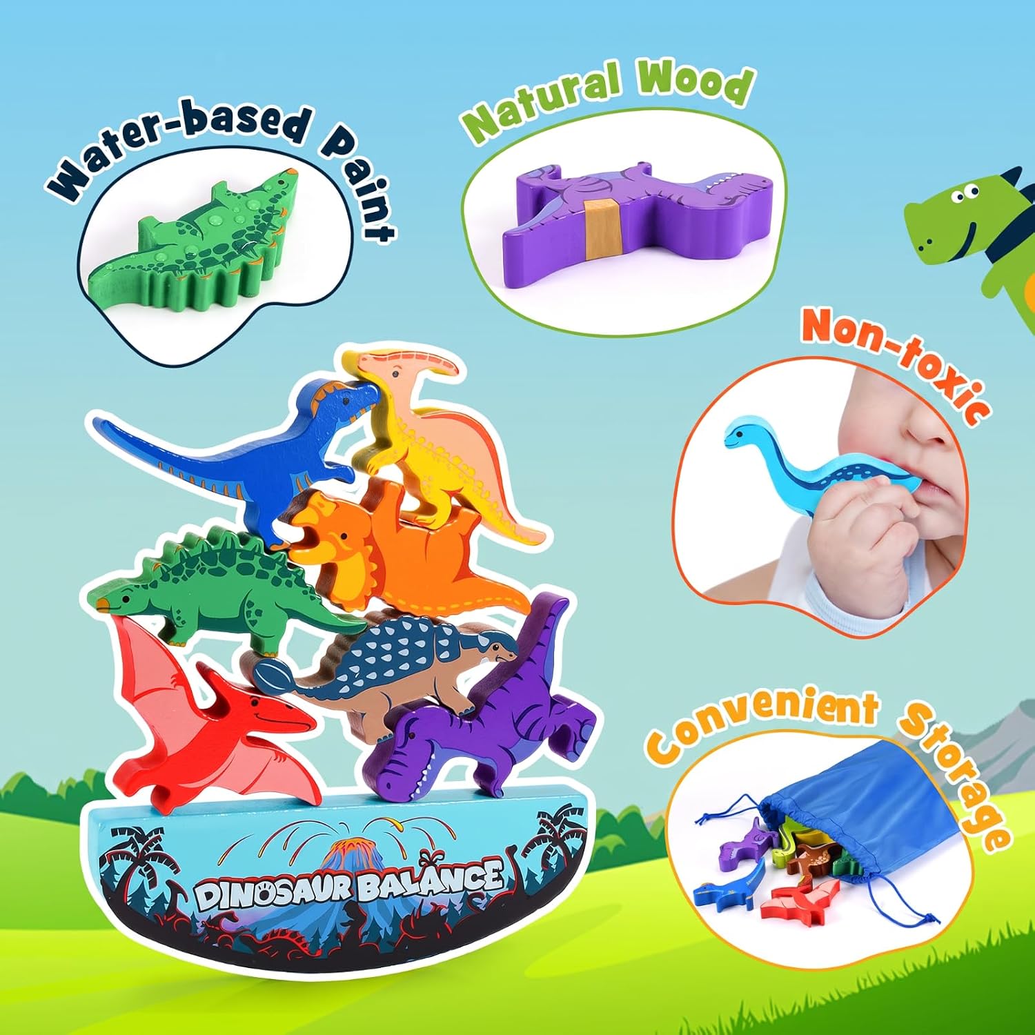 Detalle 1 de IPOURUP WJ12104 Wooden Dinosaur Stacking Toy with 10 Blocks and Storage Bag