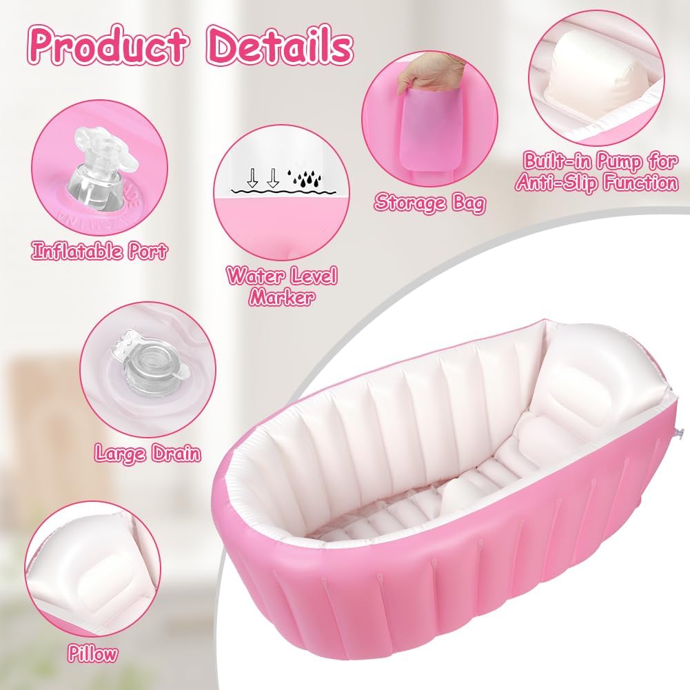 Detalle de AUYAO opblaasbaar babybadje in roze pvc met antislipbodem en pomp