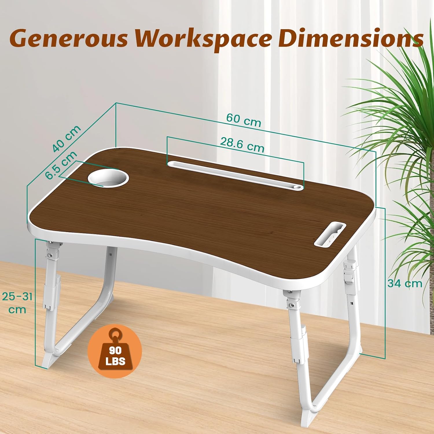 Detalle 2 de MeisterPro Laptop Table Height Adjustable, Foldable Bed Desk with Cup Holder & Phone Slot (60 x 40 x 25–31 cm)