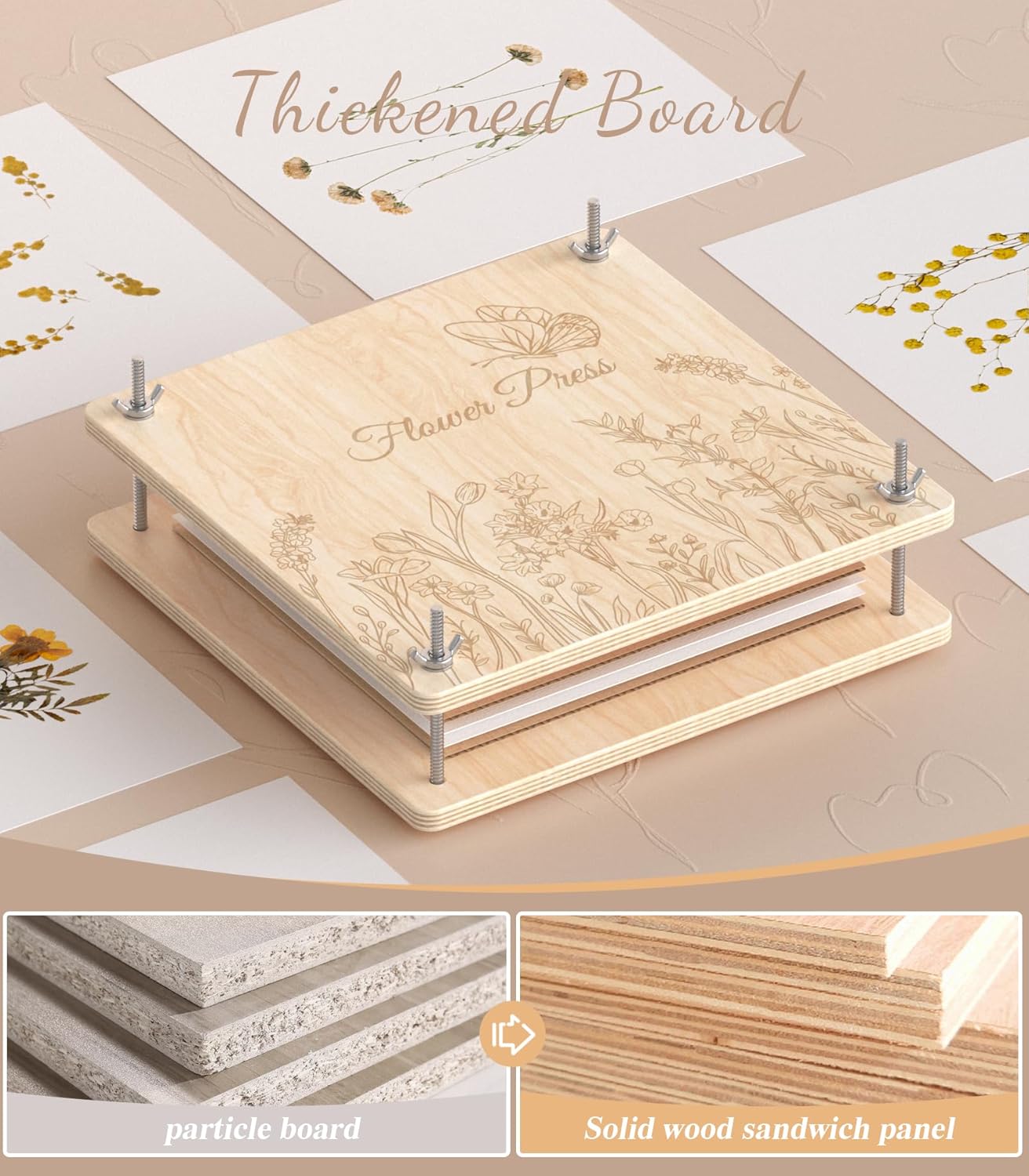 Detalle 2 de Wakhow Flower Press Kit (11" x 11") – Large Wooden Flower Presser for DIY Bouquet Preservation