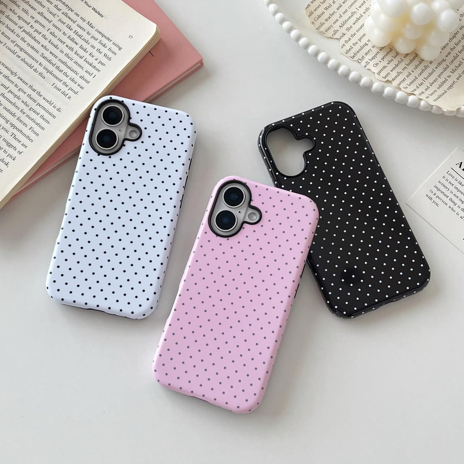 Detalle de Longlayss DOT050 iPhone 16 Plus Case, Pink Polka-Dot Slim TPU and PC Cover