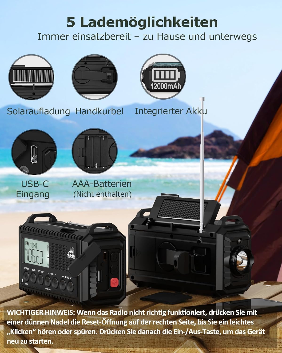Detalle 2 de Roxicosly CR1009Ultra-Schwarz noodradio met 12.000 mAh, zonnepaneel en handslinger