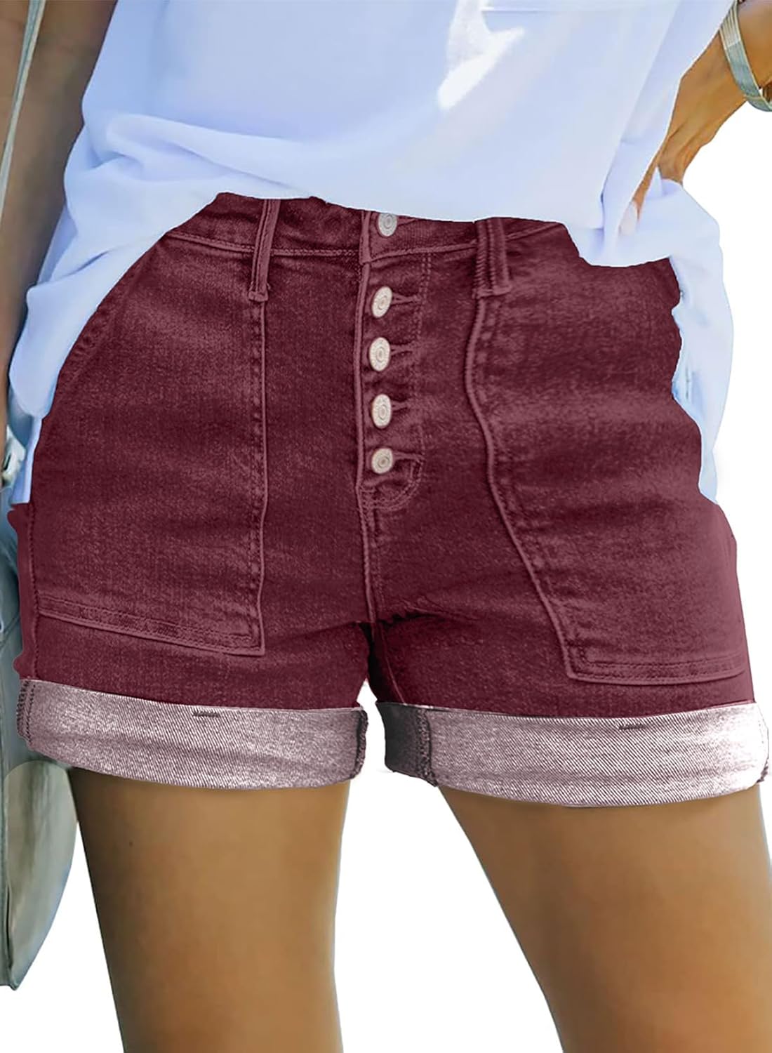 Thumbnail 6 de Sidefeel Women's Jean Shorts: High-Waisted Stretch Denim with Buttoned Folded Hem