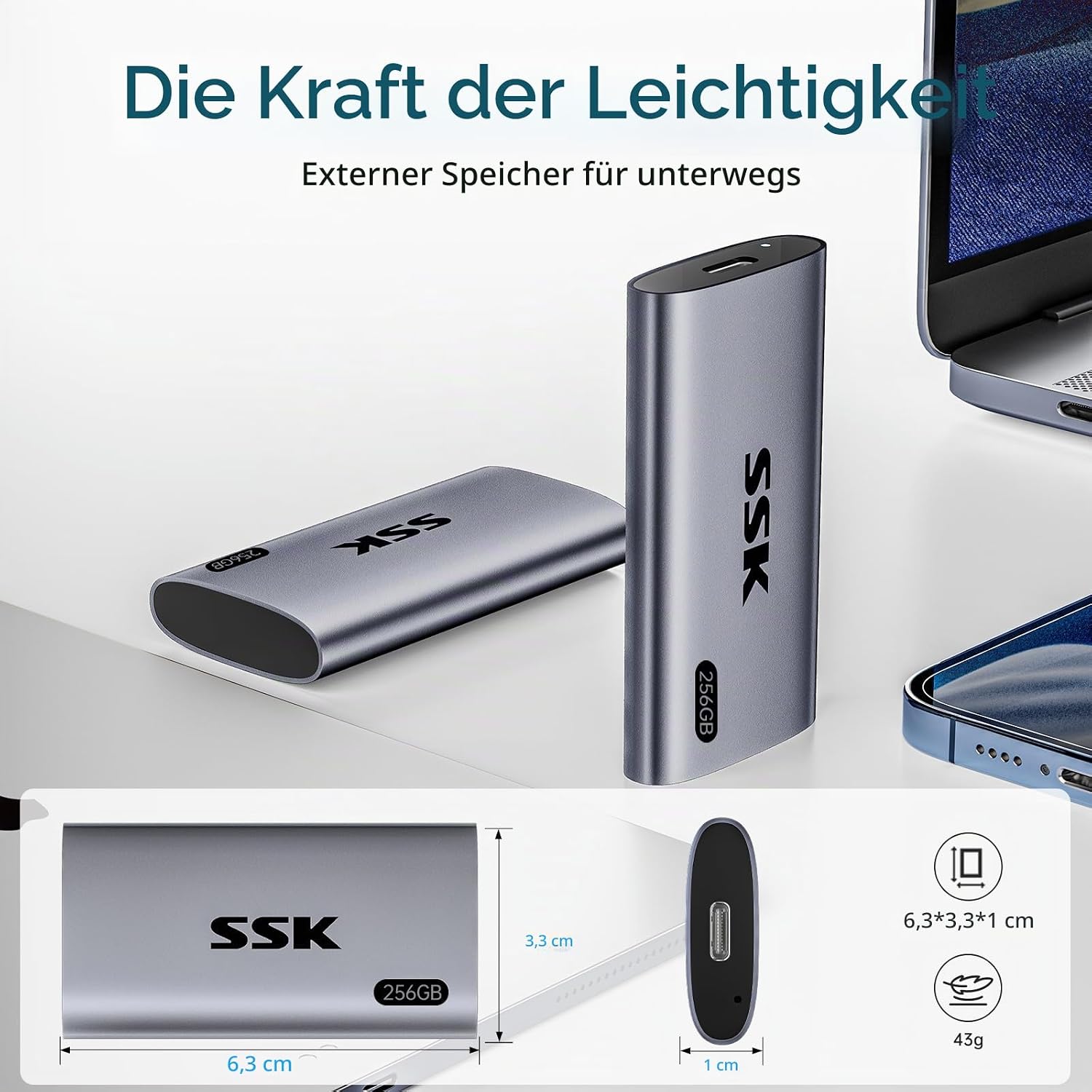 Thumbnail 6 de SSK Externe SSD 256GB – USB 3.2 Gen2 Portable SSD mit USB-C/USB-A Kabel