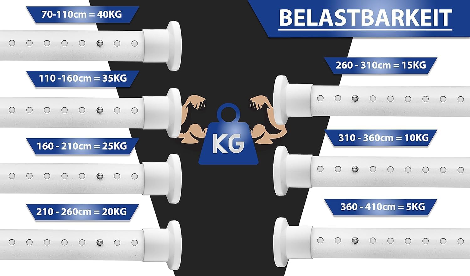 Thumbnail 5 de MEISENBERG Duschstange ohne Bohren 210–260 cm, weiß – Klemmstange mit Ø 32 mm für Vorhänge, Bad & Balkon