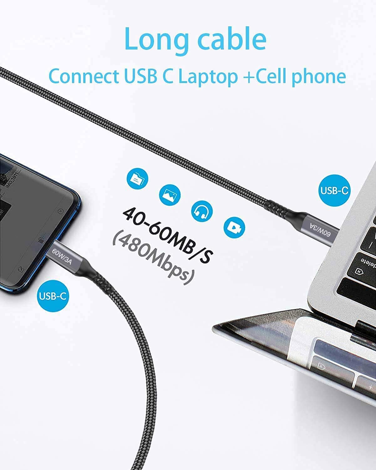 Thumbnail 3 de USB-C to USB-C Cable (15FT 2PACK, 60W) Long Cable with Nylon Braided Build