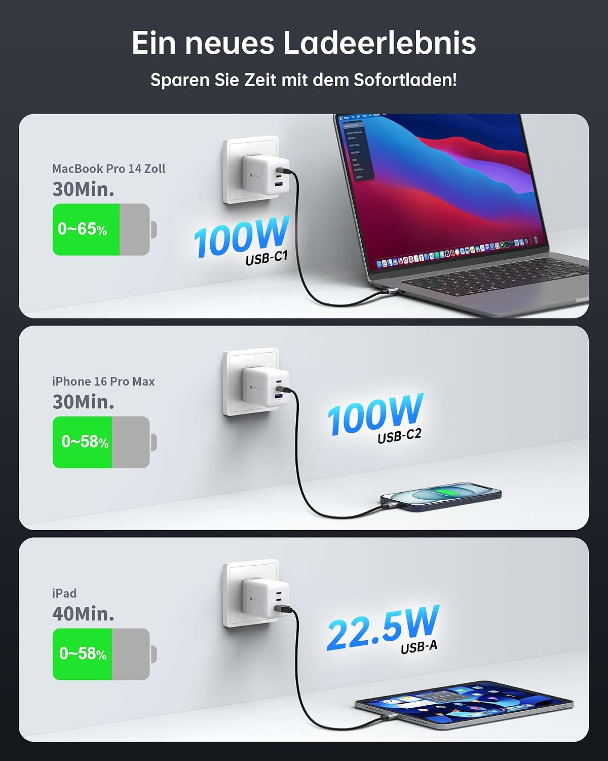 Thumbnail 2 de NOVOO GaN 100W: Caricatore USB-C a 3 porte con cavo incluso