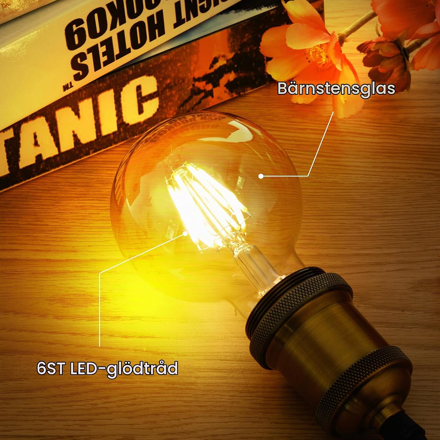 Detalle 2 de WEDNA G80 E27 LED-lampa, 6 W, dimbar med bärnstensfärgat glas