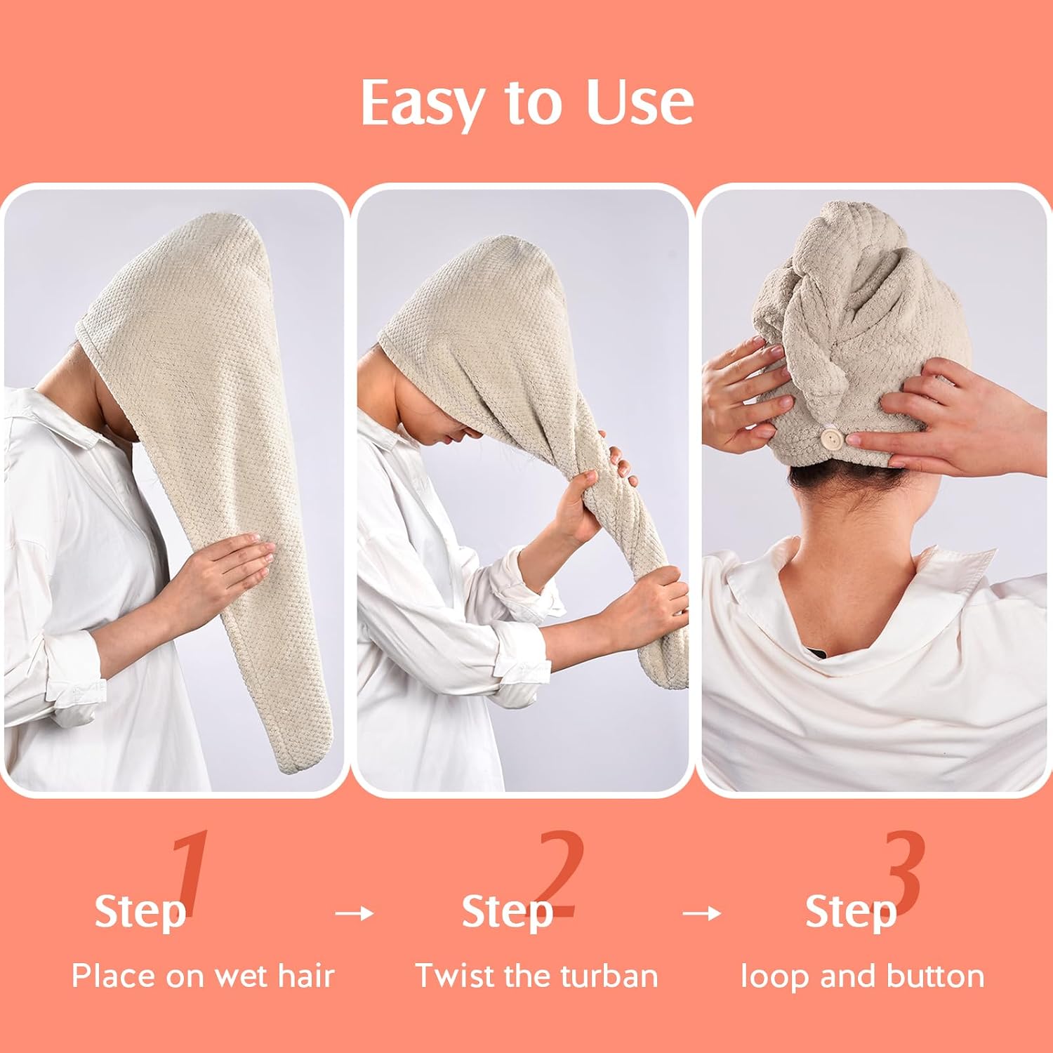 Detalle 2 de YFONG Microfiber Hair Towel Wrap, 2-Pack, 26 x 10 Inches, Elastic Loop